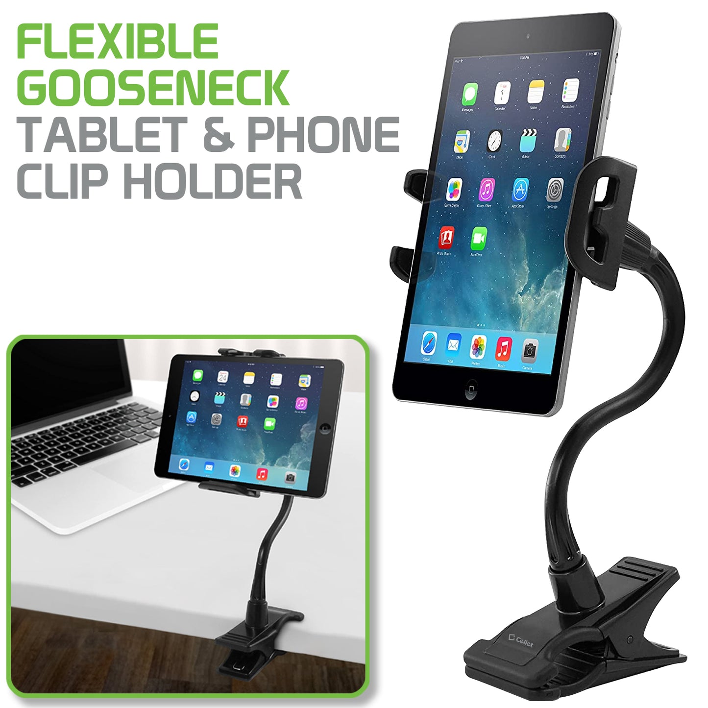 PH500 - Tablet Smartphone Clip Holder, iPad & Smartphone Desktop Clip Vise Mount with Gooseneck Compatible to iPhone 14 13 Pro Max iPad Pro, Air Mini