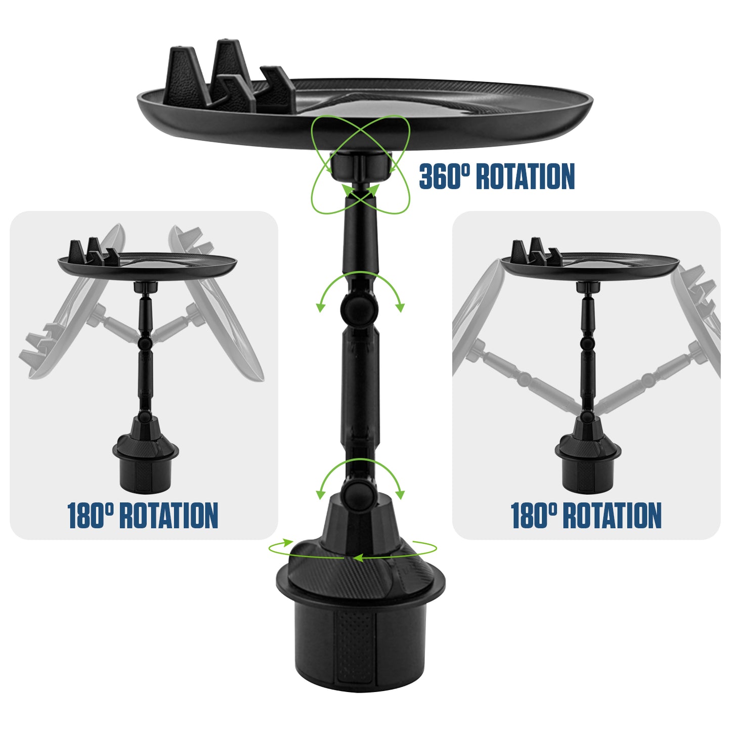 PHSK119 - Cellet Cup Holder Tray for Car with Phone Mount – Expandable Base, 360° Rotation Food & Drink Tray with Non-Slip Surface, Adjustable Arm for Eating in Vehicle – Fits Most Standard Car Cup Holders