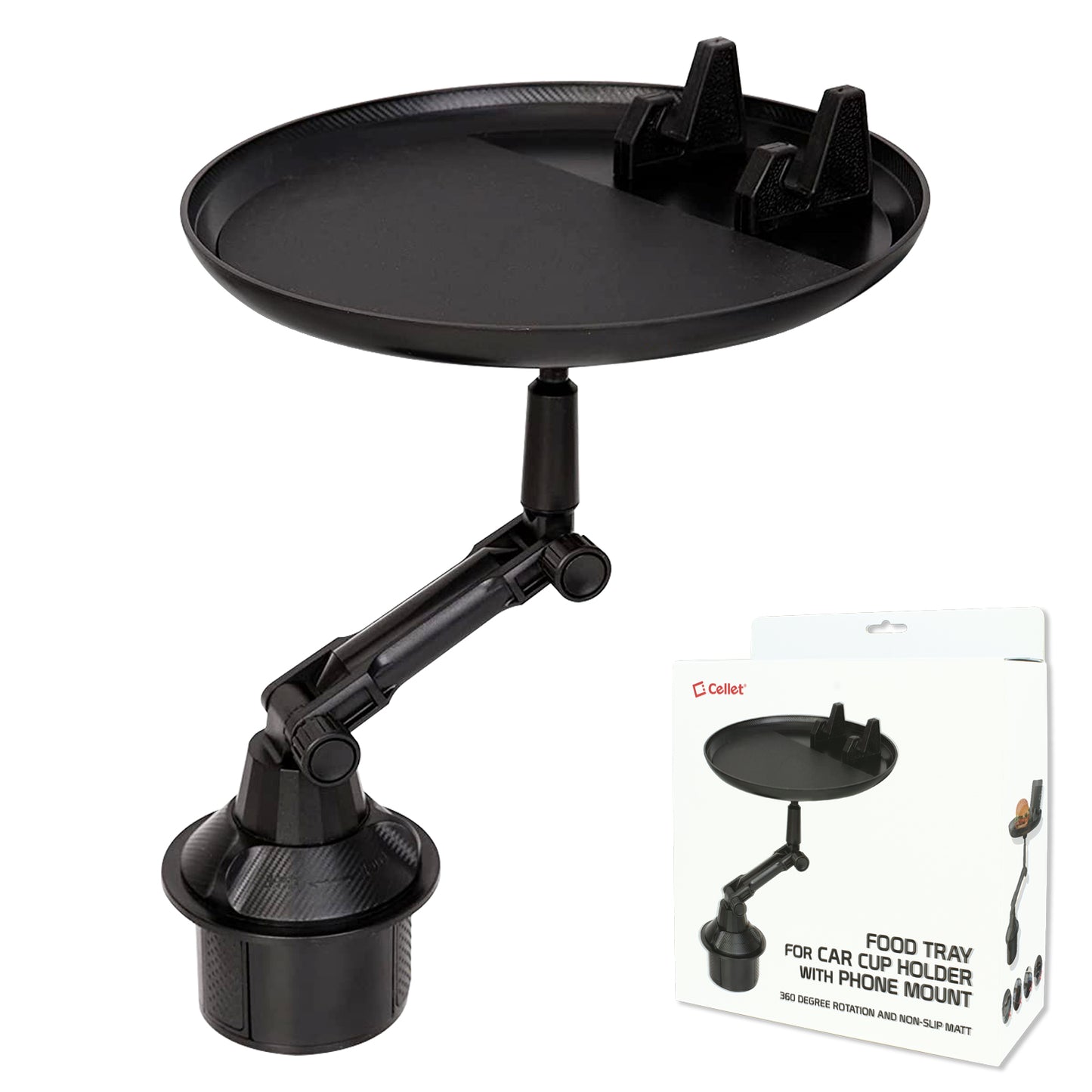 PHSK119 - Cellet Cup Holder Tray for Car with Phone Mount – Expandable Base, 360° Rotation Food & Drink Tray with Non-Slip Surface, Adjustable Arm for Eating in Vehicle – Fits Most Standard Car Cup Holders