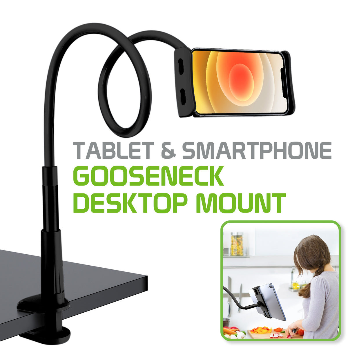 PHX100_WM - iPad/Tablet Holder, Cellet Gooseneck Tablet & Smartphone Desktop Mount with Spring Grips (Fits Devices 4.75-9 Inches)