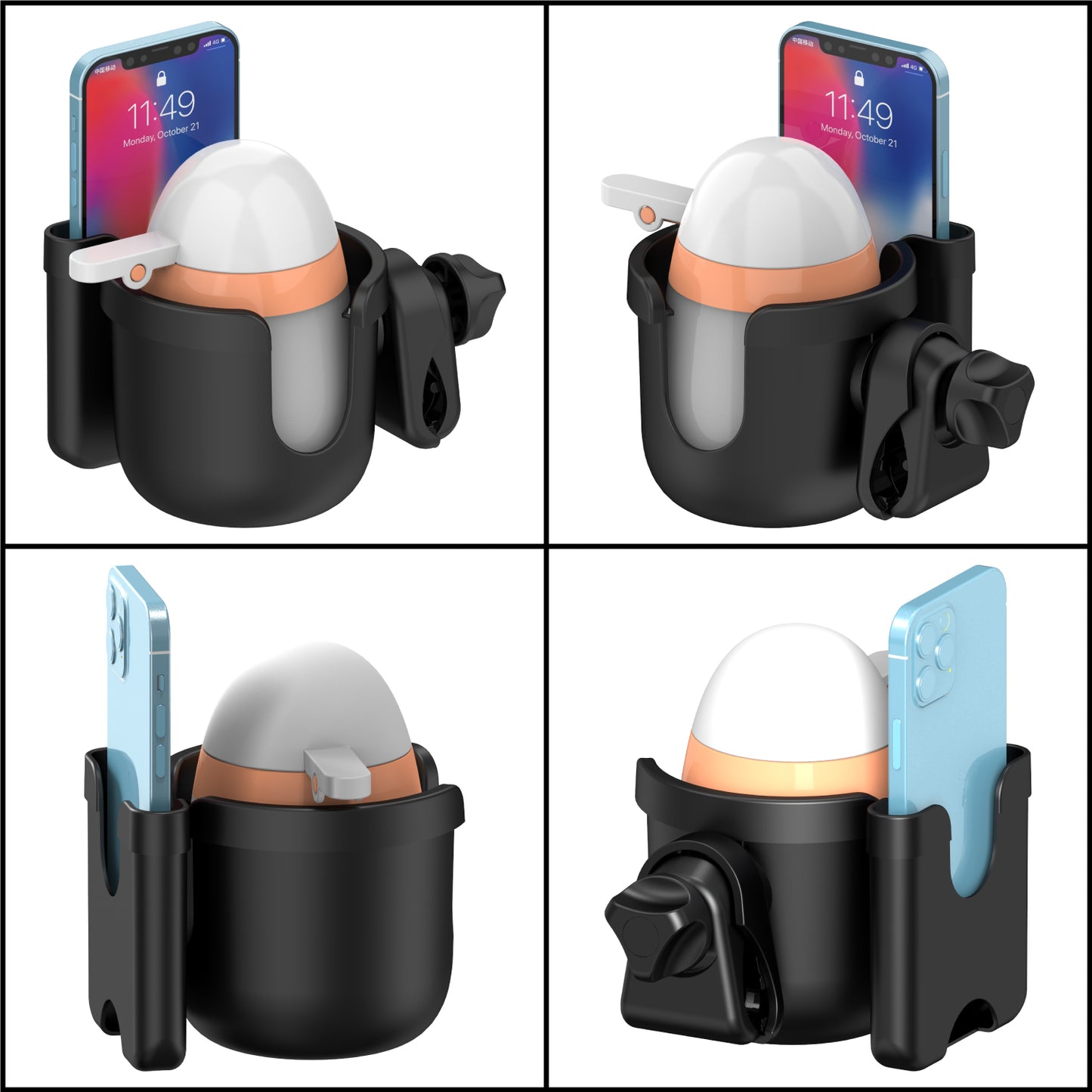 PH203CUPB - Universal Stroller Cup Holder with Phone Holder - 2-in-1 Stroller Organizer for Drinks & Smartphones - Non-Slip, 360° Rotatable Cup Holder for Strollers, Wheelchairs, Walkers, Bikes - Fits Most Phones