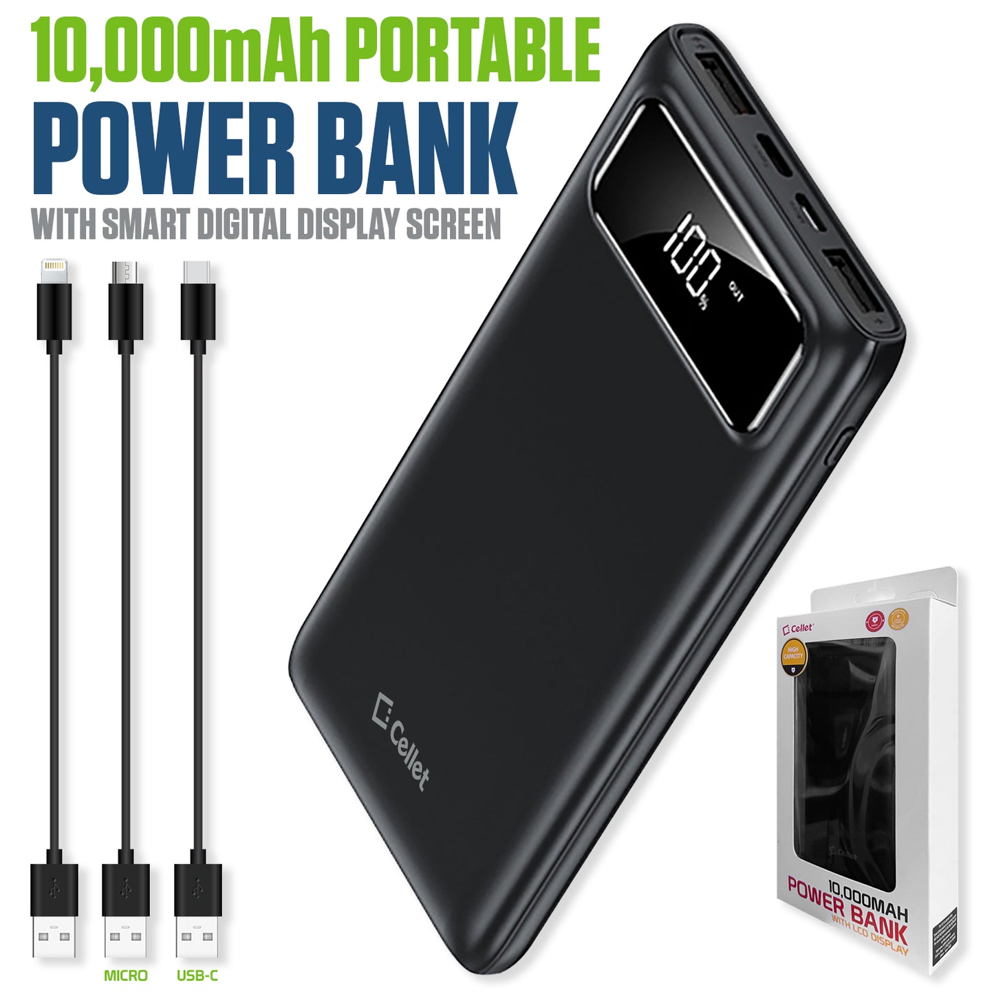 10,000mAh Portable Power Bank with Smart Digital Display Screen Compatible with iPhones Samsung Galaxy, Note, Motorola Moto, Google Pixel - Black