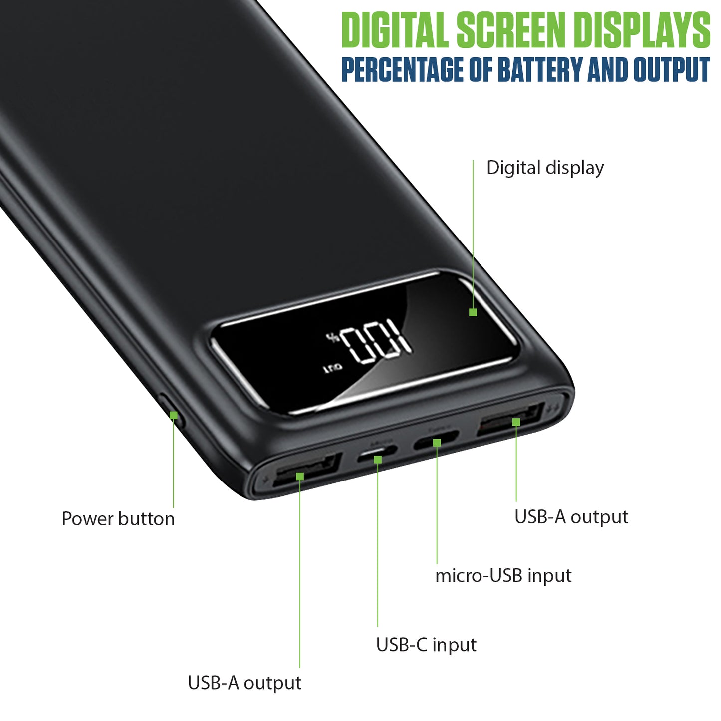 10,000mAh Portable Power Bank with Smart Digital Display Screen Compatible with iPhones Samsung Galaxy, Note, Motorola Moto, Google Pixel - Black