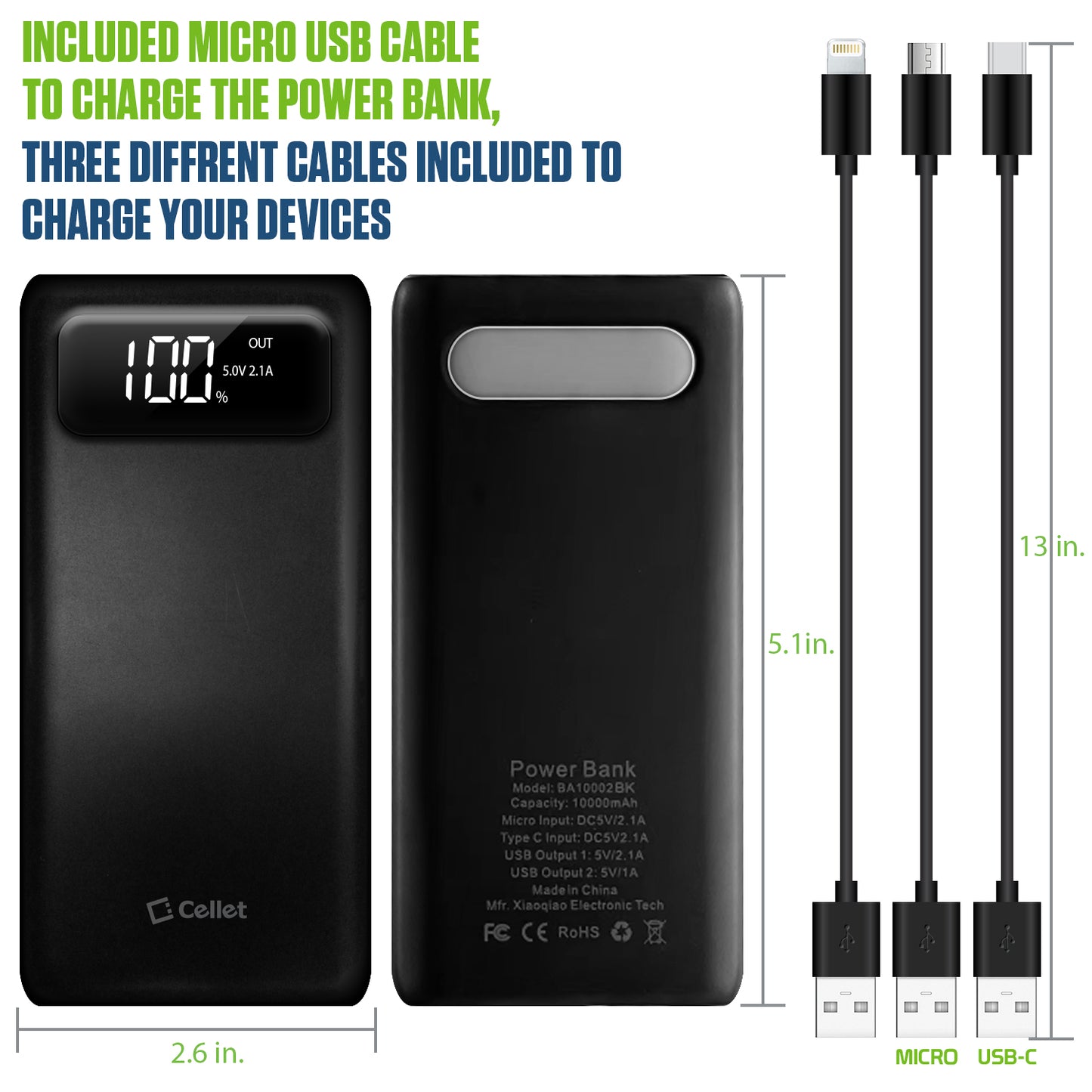 10,000mAh Portable Power Bank with Smart Digital Display Screen Compatible with iPhones Samsung Galaxy, Note, Motorola Moto, Google Pixel - Black