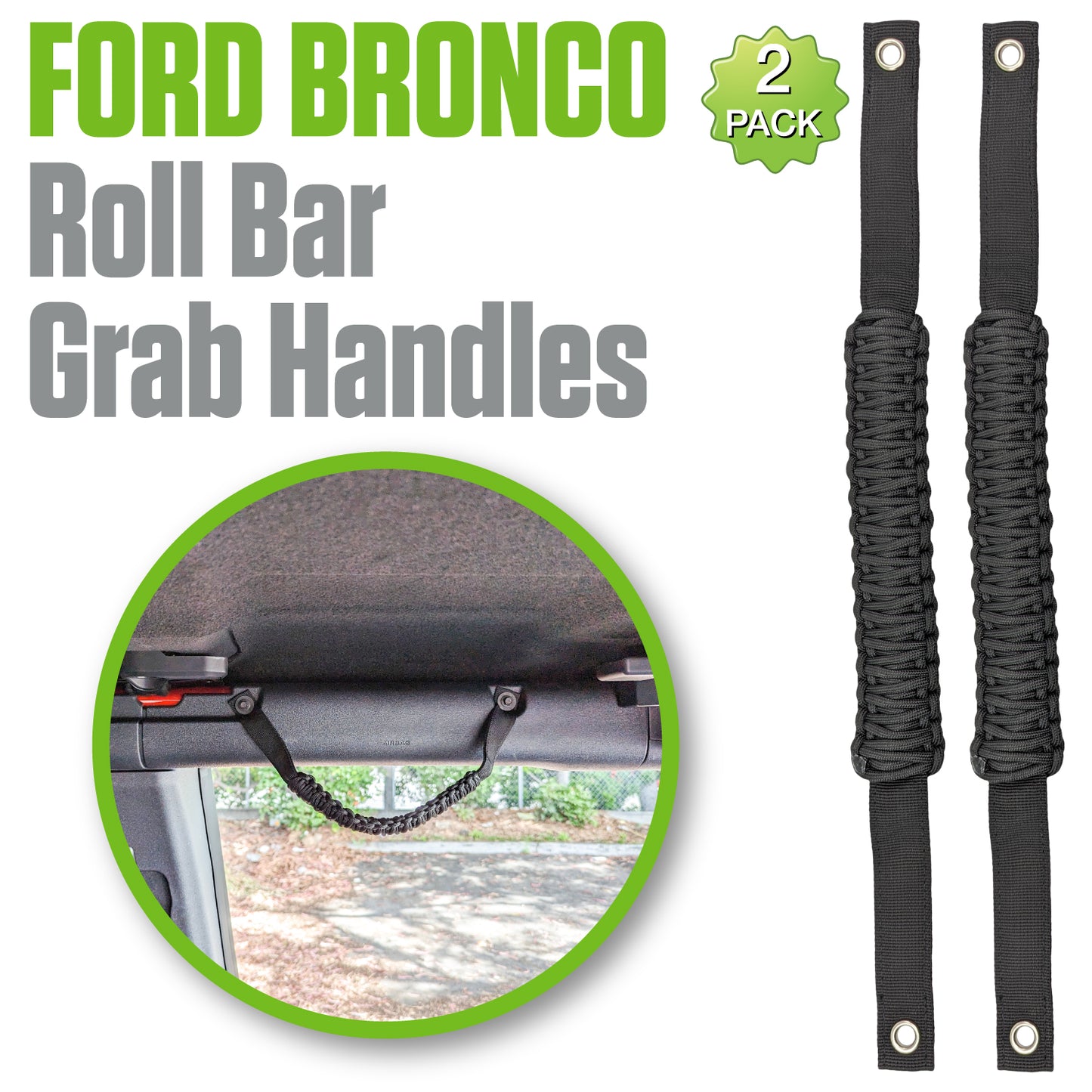 STBRONC - Paracord Roll Bar Grab Handles for Ford Bronco 2021 2022 2023 2024 Accessories, Heavy Duty Interior Grip Handle, Non-Slip Grab Bar for 2/4 Door Bronco, Black Thick Paracord with Metal Buckles, 2-Pack