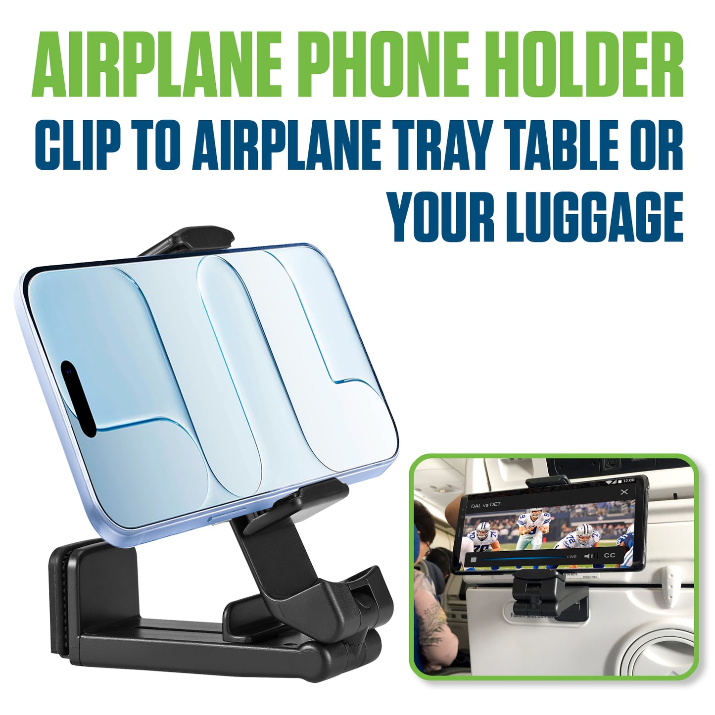 PHAP01 - Cellet Airplane Phone Holder Mount – Foldable Travel Phone Clip for Airplane Tray Table or Luggage Handle, Adjustable 360° Rotation, Universal Fit for iPhone, Samsung, Google Pixel & More