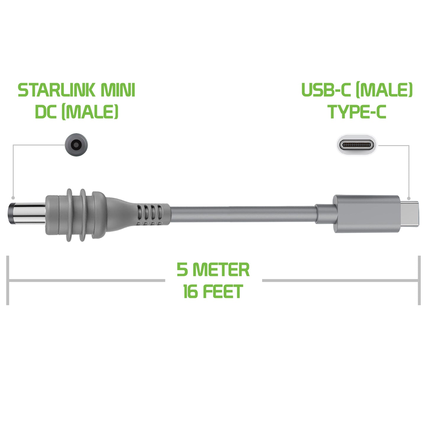 DASTRMINI5M - 5-Meter / 16-Feet Starlink Mini USB-C to DC Power Cable Cord 100W Input USB Type C to DC Cable, DC Power Cable Direct to USB-C for Starlink Mini Work with 100W+ PD Source Waterproof 18AWG (Copy)