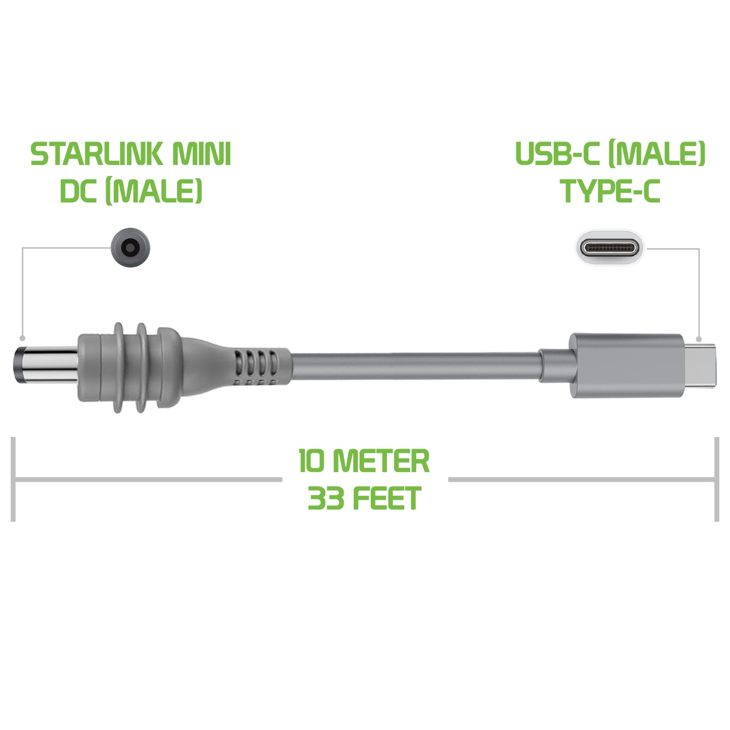 DASTRMINI10M - 10-Meter / 33-Feet Starlink Mini USB-C to DC Power Cable Cord 100W Input USB Type C to DC Cable, DC Power Cable Direct to USB-C for Starlink Mini Work with 100W+ PD Source Waterproof 18AWG (Copy) (Copy)
