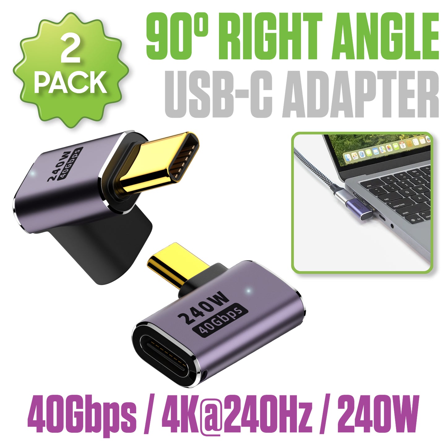 DCCADT - Cellet 90° Right Angle USB-C Adapter (2-Pack), 240W PD Fast Charging, 40Gbps Data Transfer, 4K@240Hz Video Output, USB4/Thunderbolt 3 & 4 Compatible, USB-C Male to Female Connector