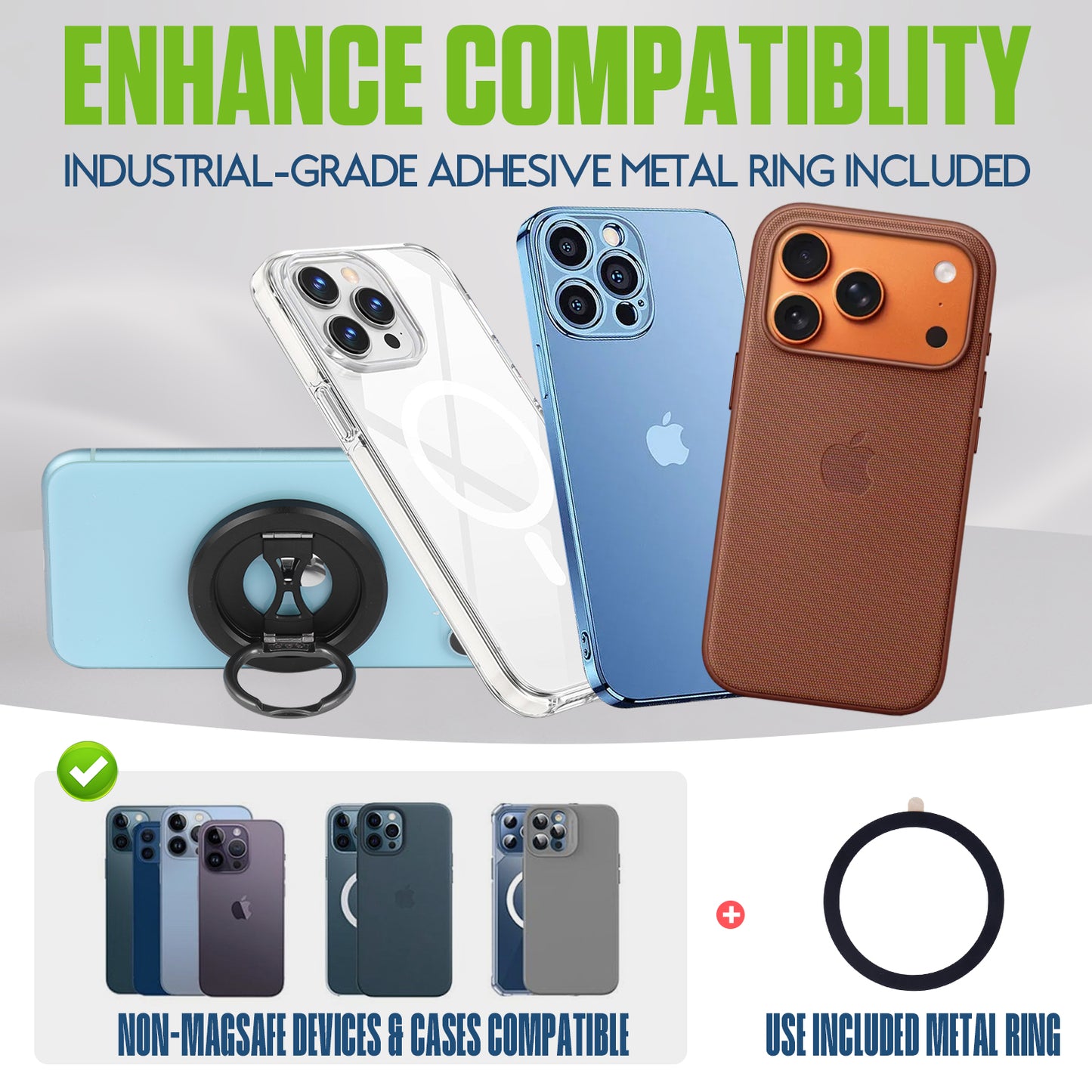 CLCMRINGC - Magnetic Phone Ring Holder Compatible with MagSafe - Ultra-Light 45g Aerospace Design - 360° Rotation & 90° Flip Metal Kickstand - Strong Grip Mount for iPhone 15 14 13 12, Plus, Pro Max & All Cases