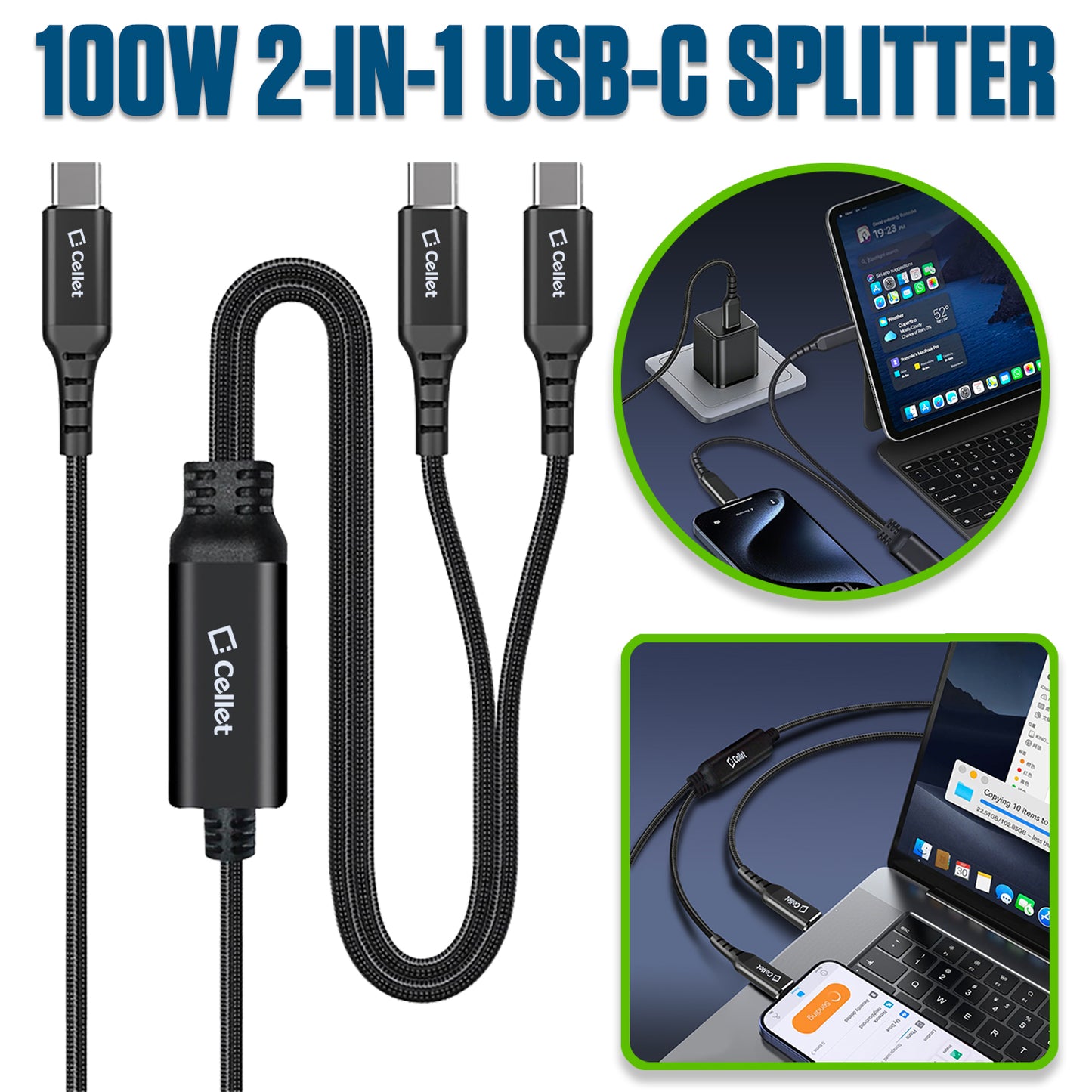 DCCC5FT - Cellet 100W USB C 2-in-1 Charging Cable, Dual USB C Splitter Fast Charger PD 100W 20V/5A, Charge 2 USB-C Devices Simultaneously, 480Mbps Data Transfer, Braided USB C Cable for MacBook, iPad, Galaxy