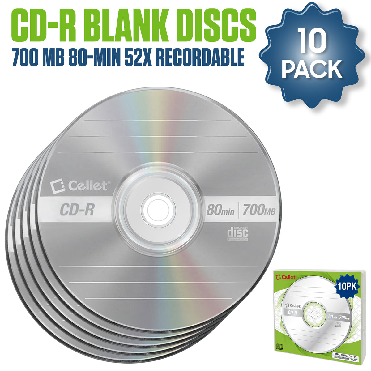 Cellet CD-R 10-Pack – 700MB 80-Minute Blank Discs, 52X Speed for Data, Music, and Photo Recording