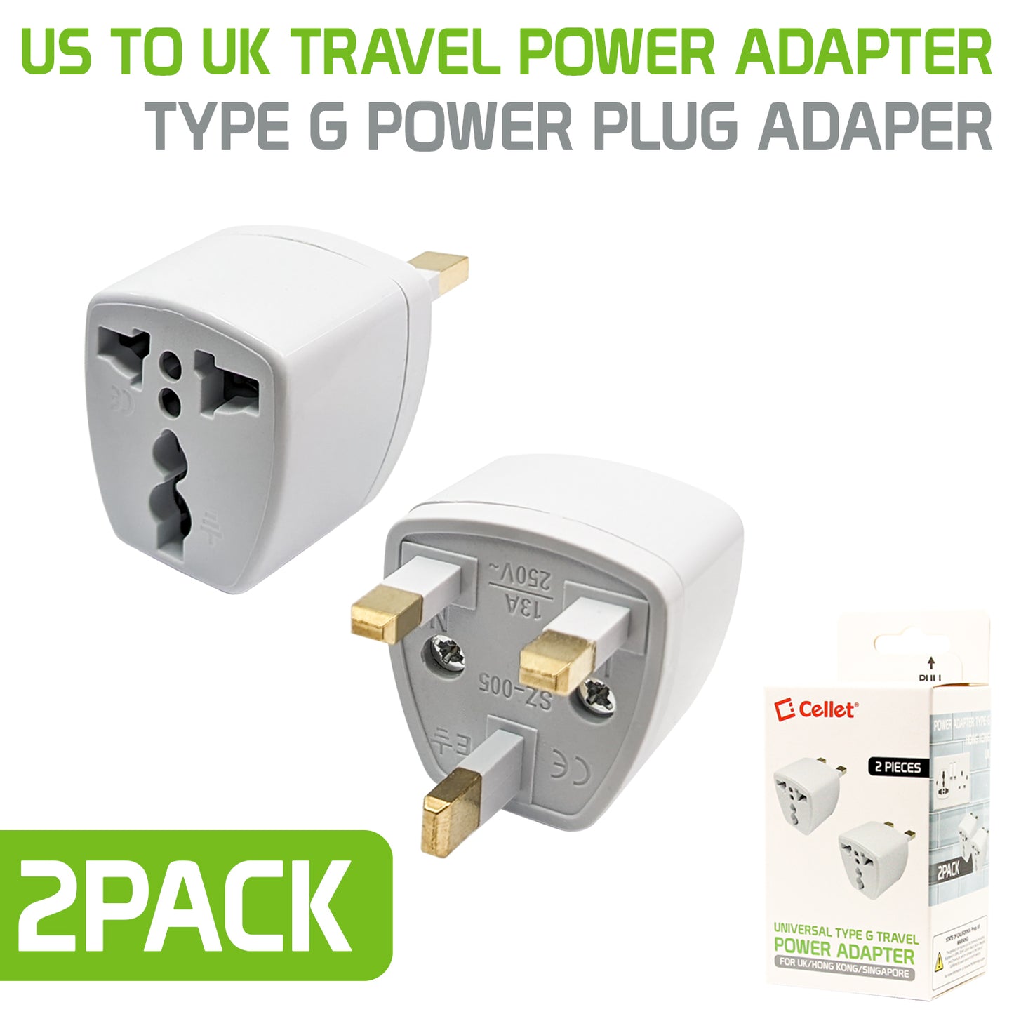 CNFPINGUK - Cellet Universal Travel AC Wall Power Adapter to Convert USA, China, AU, EU & other Plugs to UK/Hong Kong/Singapore Plug Socket (2-PACK)