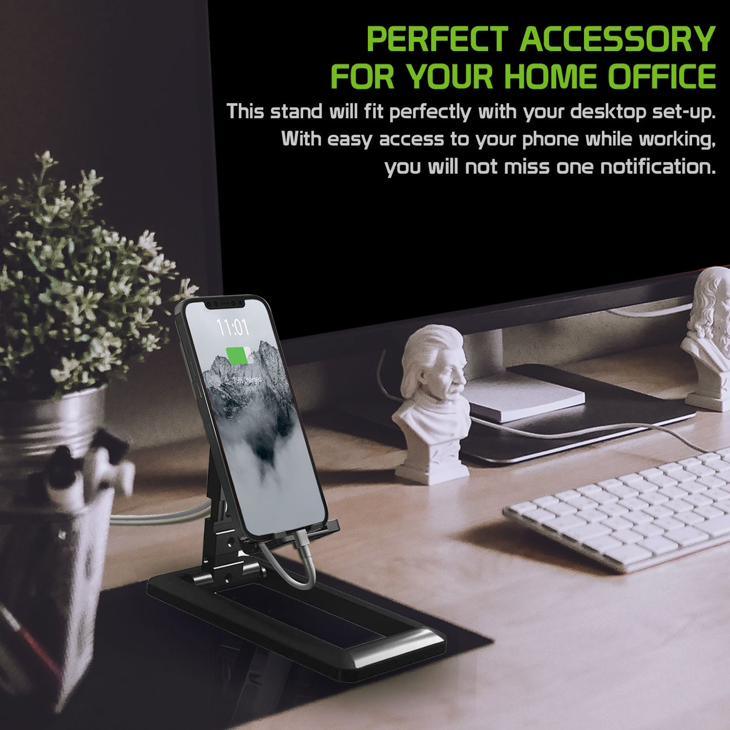 PH140BK - Heavy Duty Adjustable Phone Stand with Non-Slip Rubberized Grips and Base Compatible to Smartphones, Tablets, and iPads - Black