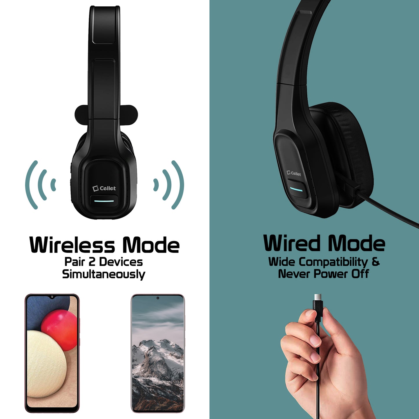 EBBOOMM100 - Overhead Wireless Mono Headset, Bluetooth V5.0 with Noise Cancelling Headphones with Boom Microphone USB-C Charging and 3.5mm Adapter