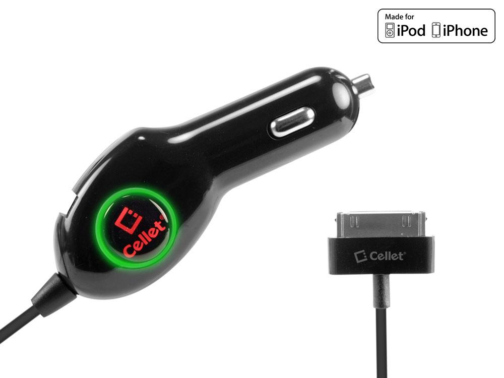 PAPPLEU - Cellet Car Charger with Green LED for Apple iPod Touch, nano, iPhone 3G S, & iPhone 4 (Made for iPhone, Licensed by Apple)