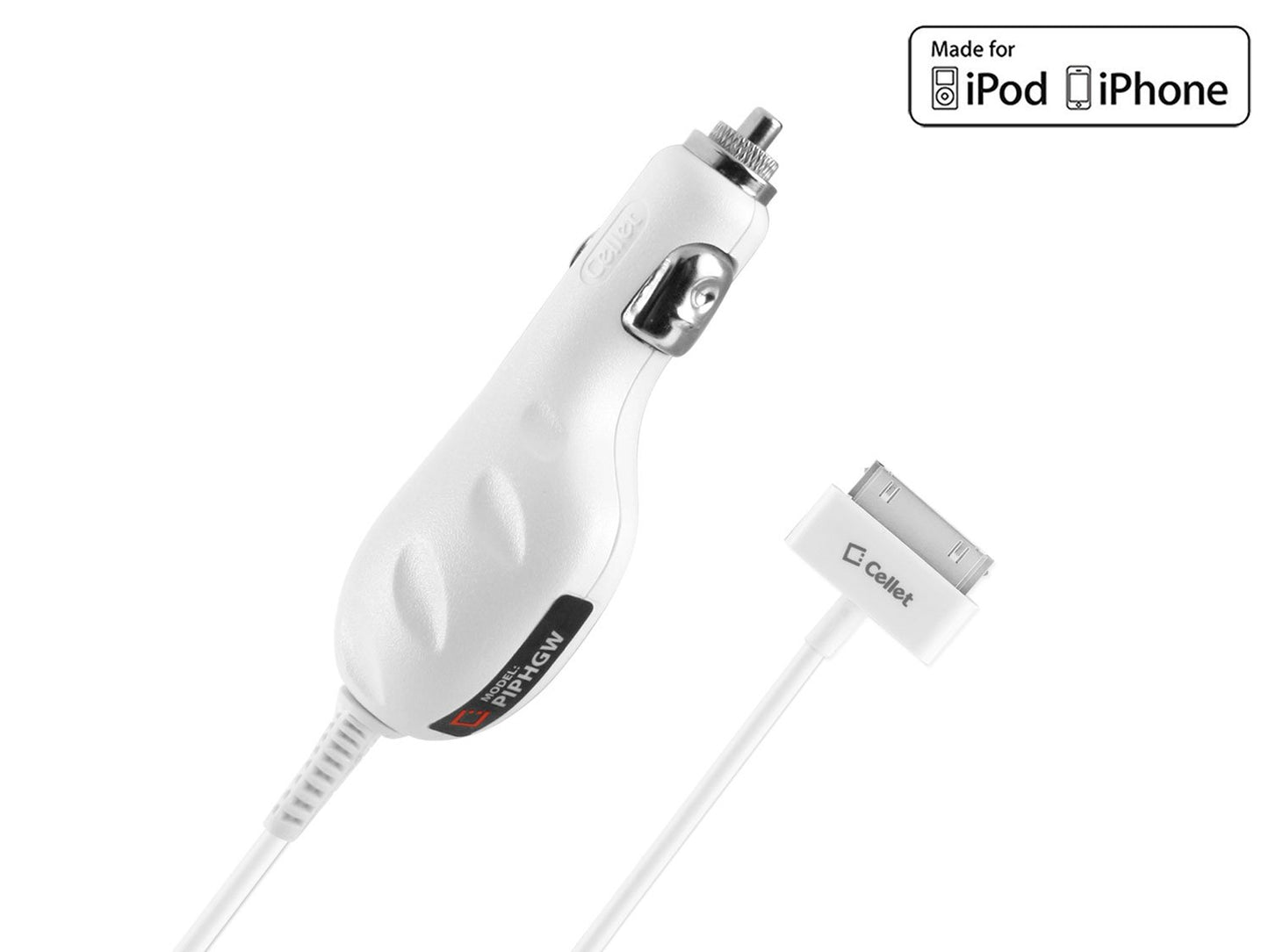PIPHGW - Cellet White Premium Plug in Car Charger with Blue LED For Apple iPhone 4, 3GS, 3G, iPod Touch, & Nano (Made for iPhone, Licensed By Apple)