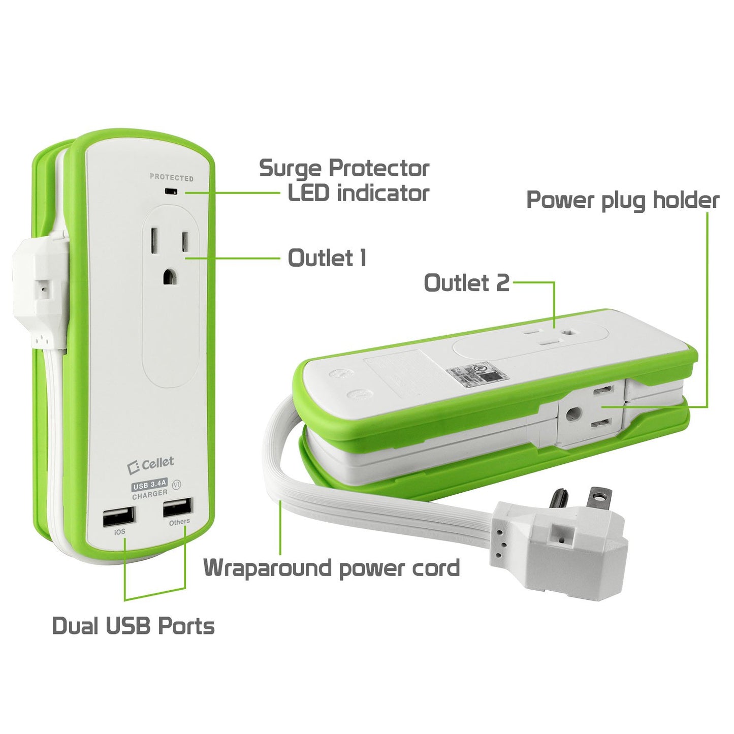 TP565 - Cellet Compact 2 Outlet Surge Protector + Dual optimized for iPhone USB Ports, 3.4Amp high power output Travel Charger (DOE6 and UL Certified)
