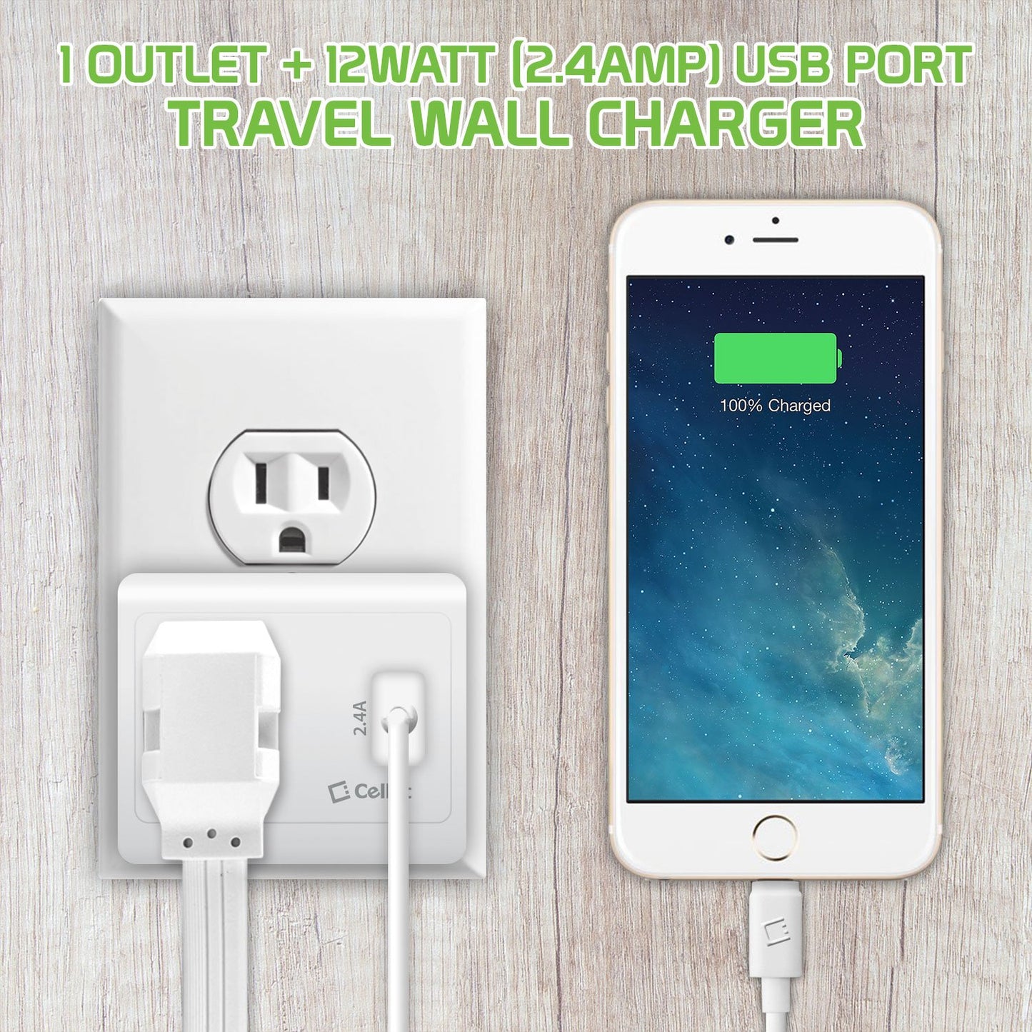TP340 - Cellet UL Certified 1 Outlet + 12Watt (2.4Amp) USB Port Travel Charger