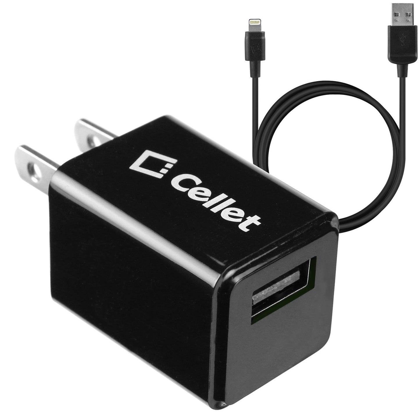 TCAPP8F12BK - Cellet 5 Watt (1 Amp) with Folding Blades Single Port Home Charger (Lightning Cable Included, Apple MFI Certified) - Black