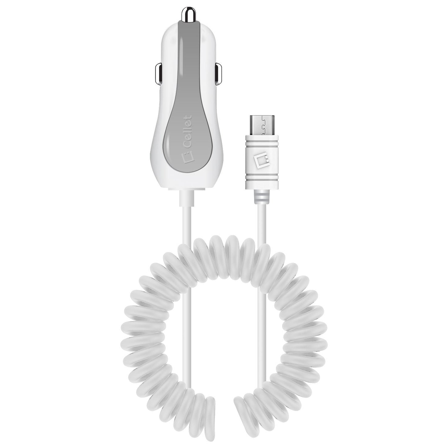 PMICUM21WT - Cellet High Powered 12 Watt (2.4 Amp) Micro USB Car Charger with Extra USB Port and Coiled cable - White