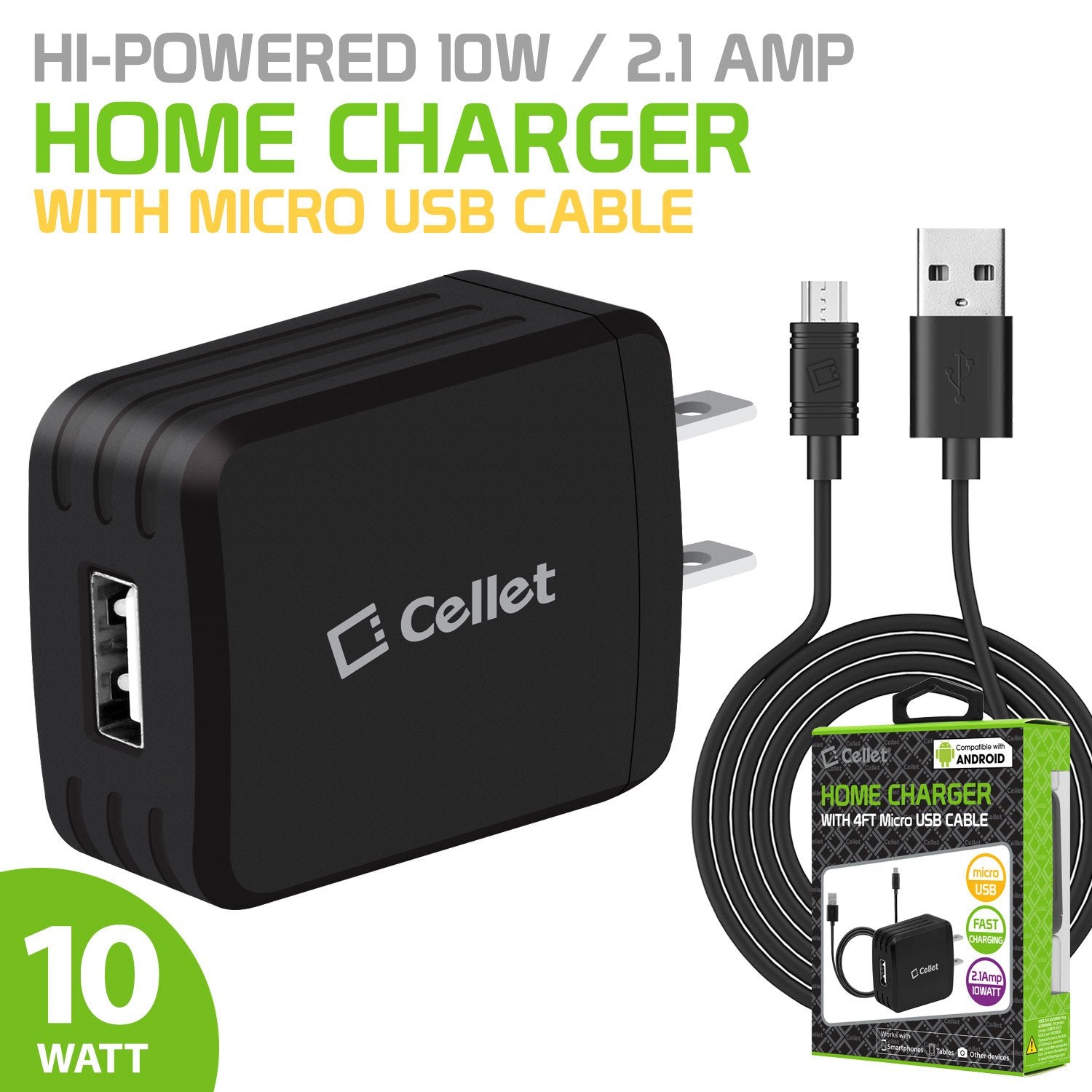 TCMICRO21GBK - CELLET Hi-Powered 10W / 2.1 Amp Home Charger (Micro