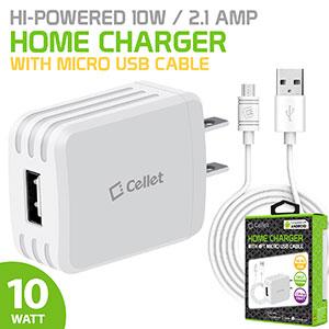 TCMICRO21GWT - Cellet Hi-Powered 10W / 2.1 Amp Home Charger (Micro USB cable included) - White