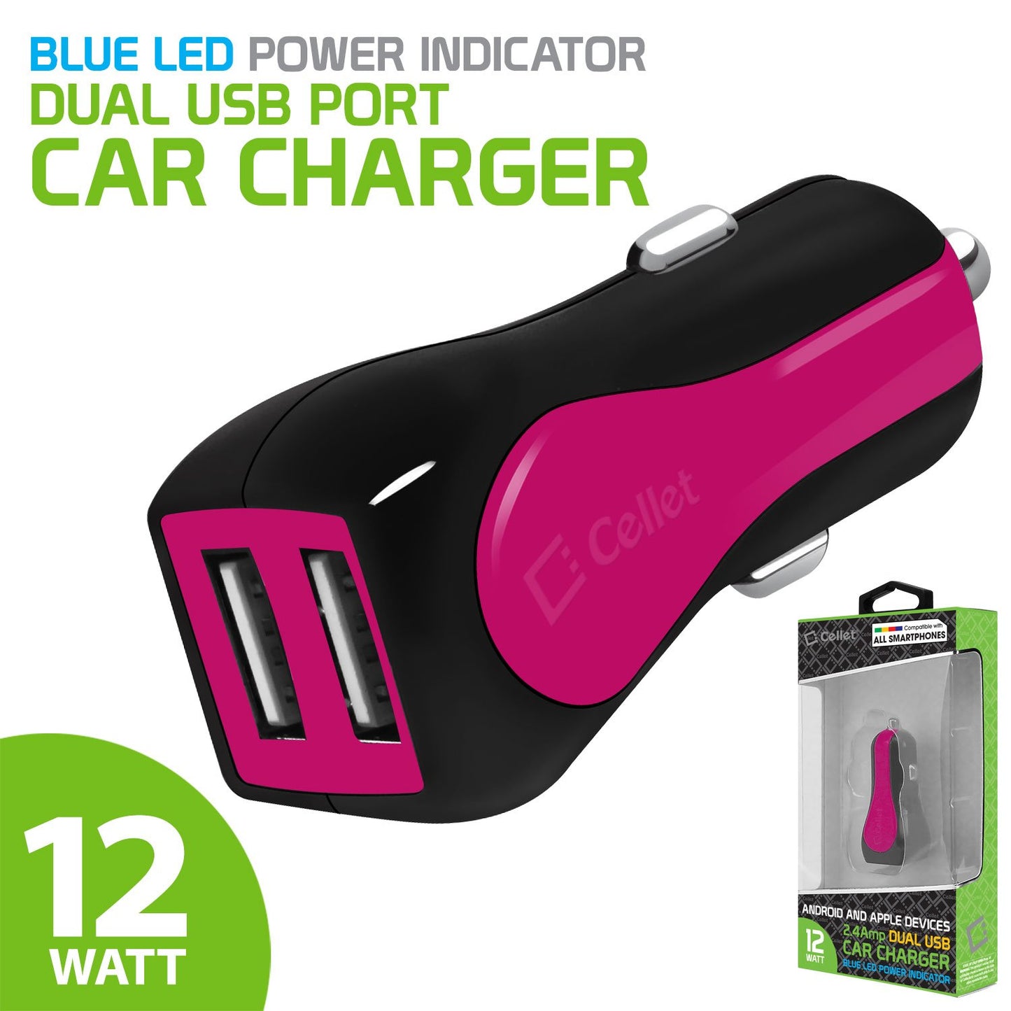PUSBE21PK - Cellet Prism RapidCharge 12W 2.4A Dual USB Car Charger for Android and Apple Devices - Pink