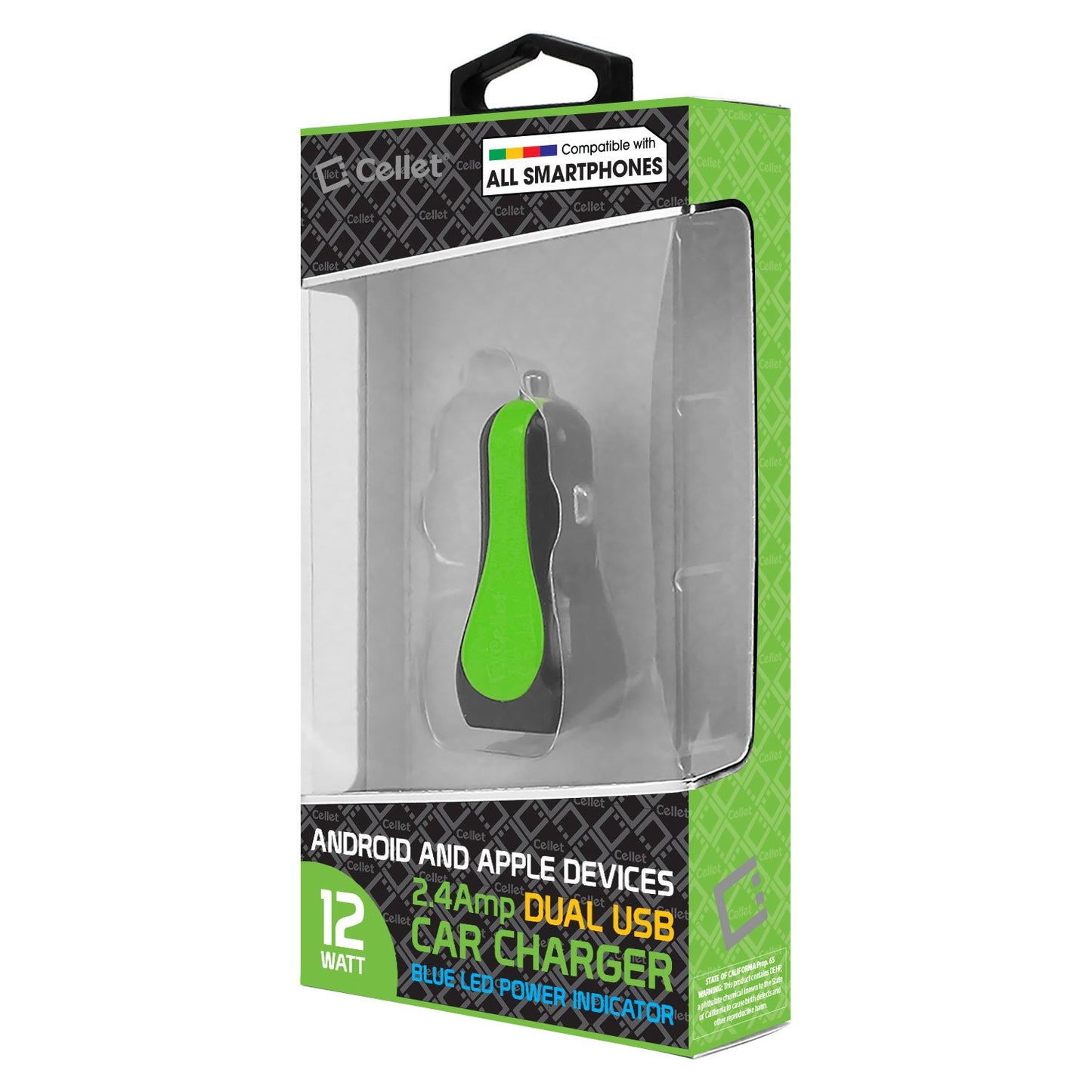 PUSBE21GR - Cellet Prism RapidCharge 12W 2.4A Dual USB Car Charger for Android and Apple Devices - Green