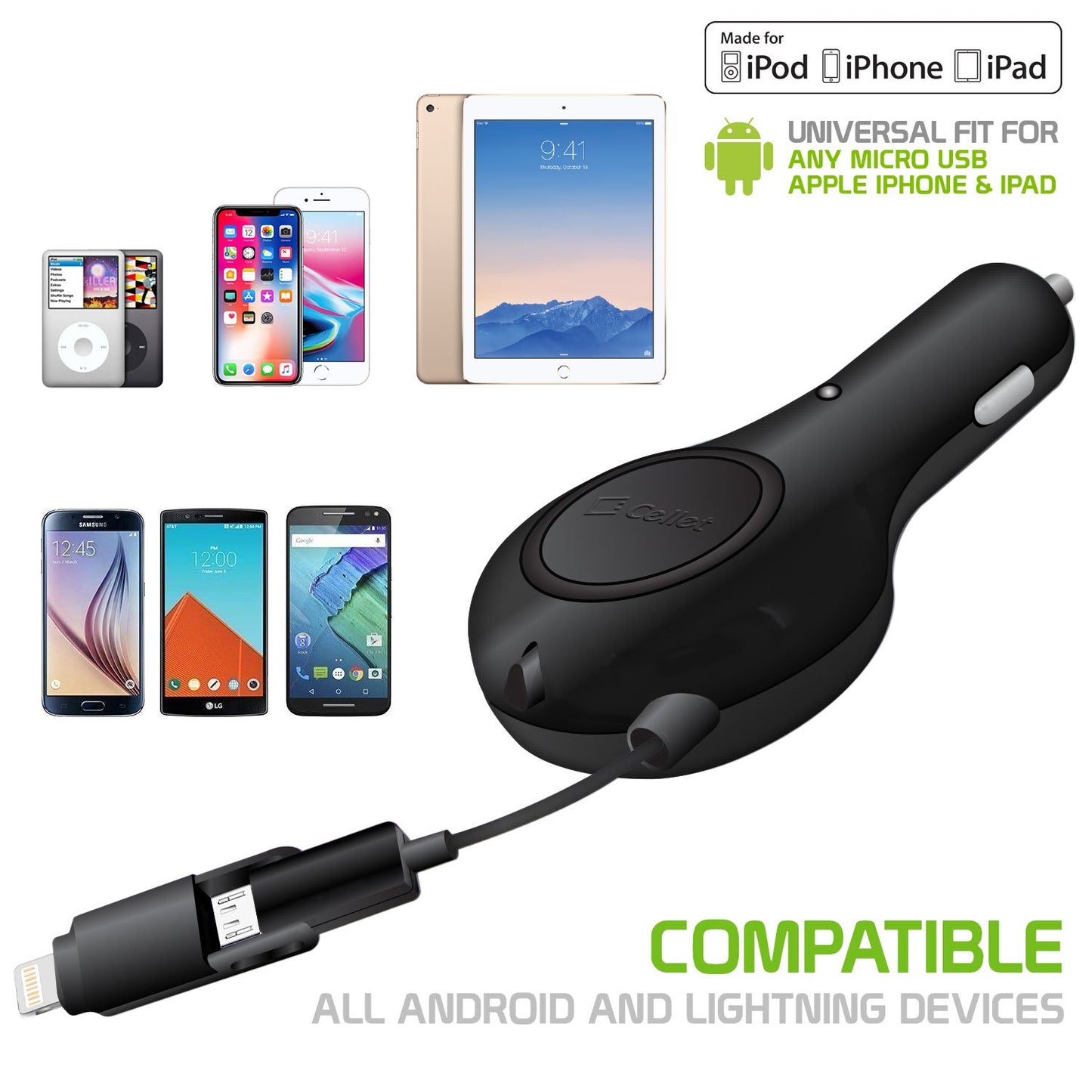 PAPP8R21M- 2 In 1 Micro USB and Lightning USB Retractable Car Charger
