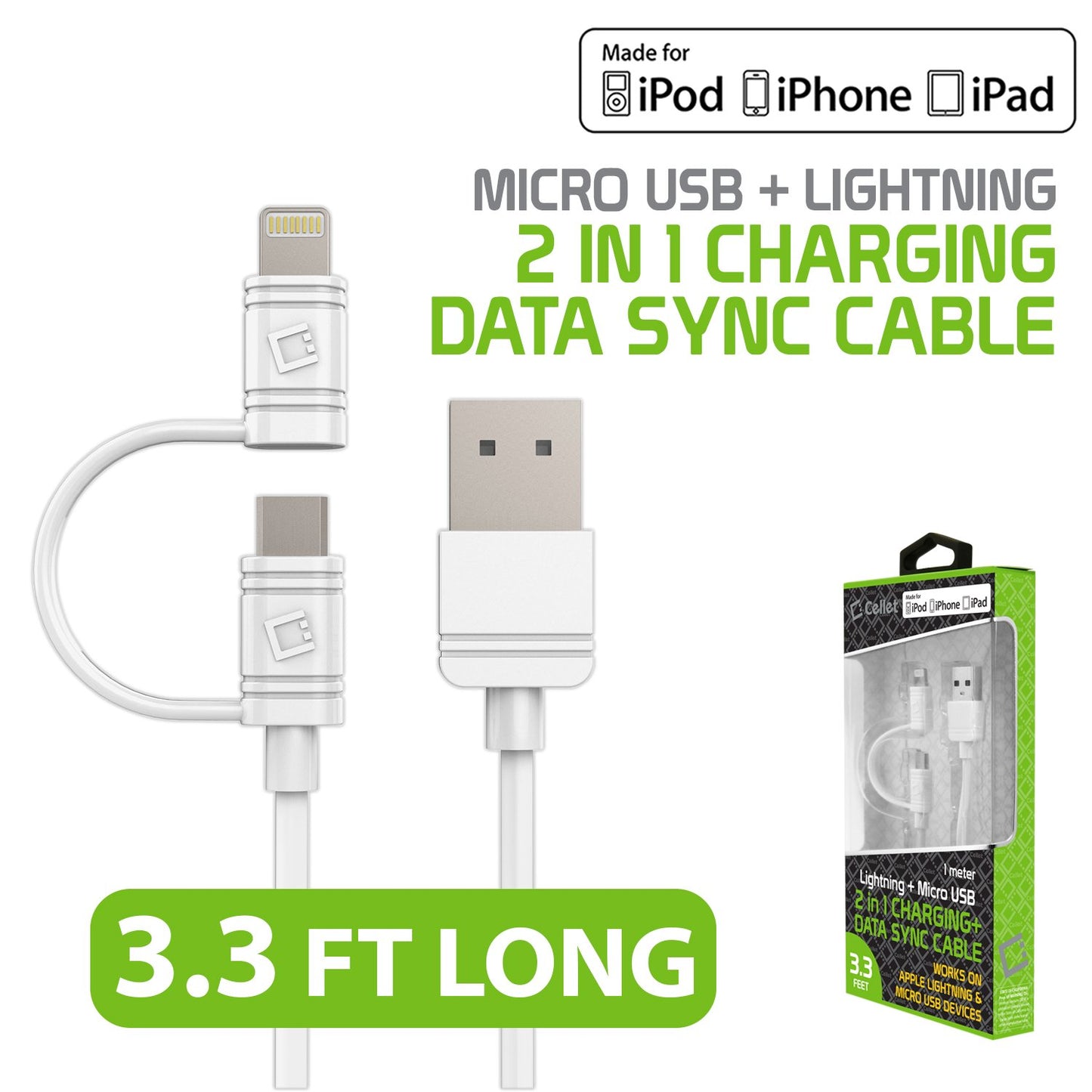DAAPP5TKWT - Cellet 2 in 1 Micro USB + Lightning (Licensed by Apple, MFI Certified) Charging/Data Sync Cable - White