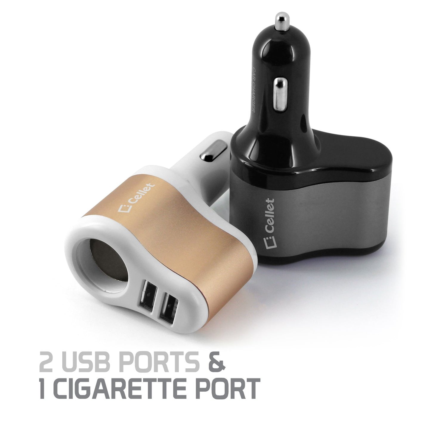 PUSBDC3AWT - Cellet 3 in 1 Car Charger with 2 USB Ports and 1 Car Socket Lighter Adapter - White/Gold