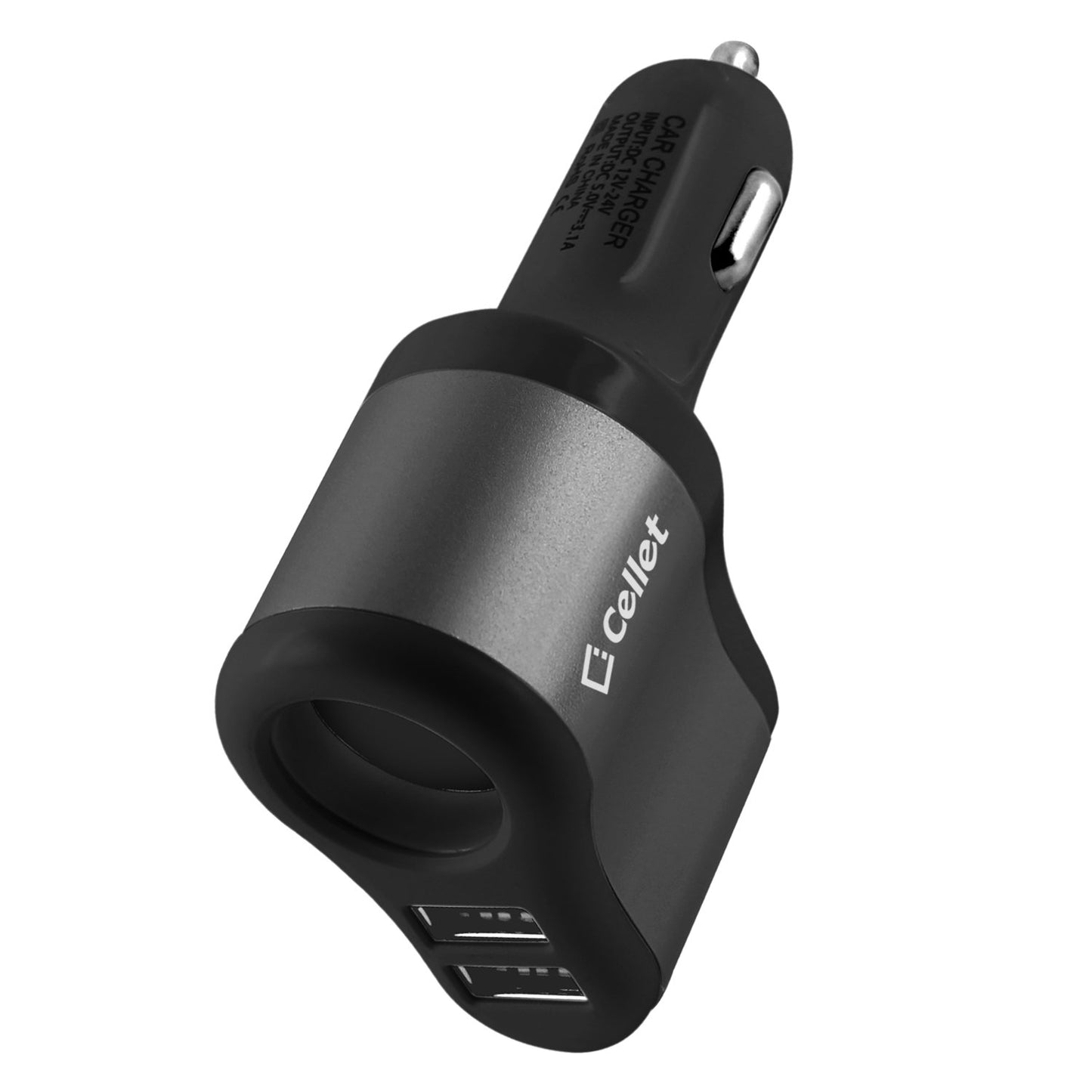 PUSBDC3ABK - Cellet 3 in 1 Car Charger with 2 USB Ports and 1 Car Socket Lighter Adapter - Black/Space Gray
