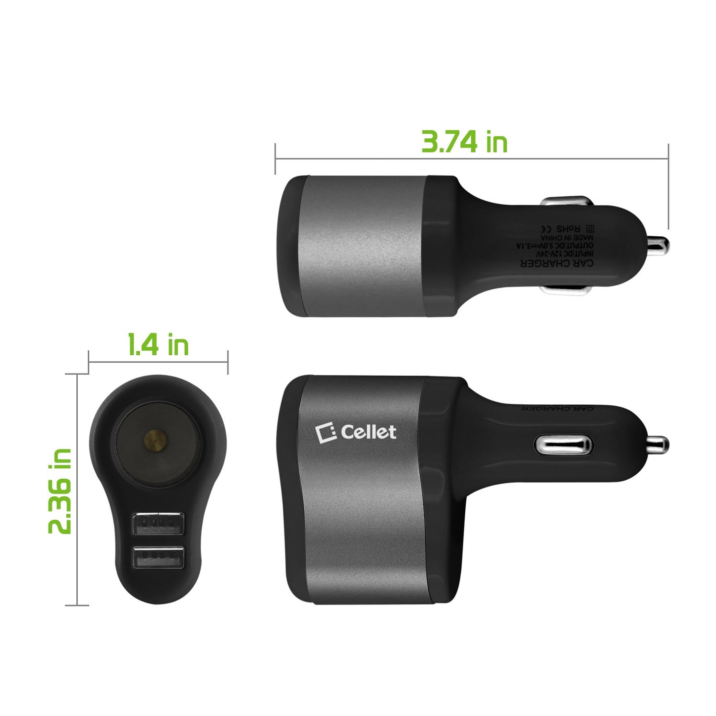 PUSBDC3ABK - Cellet 3 in 1 Car Charger with 2 USB Ports and 1 Car Socket Lighter Adapter - Black/Space Gray