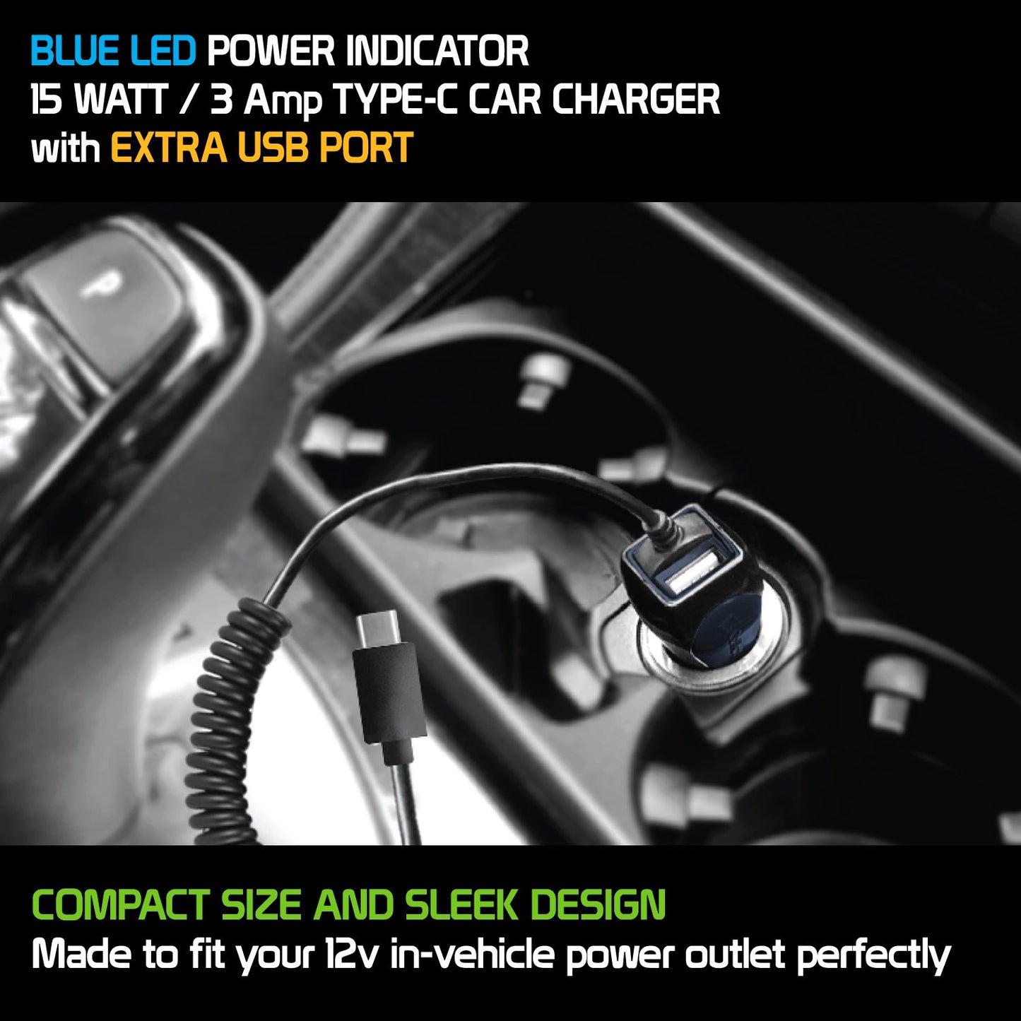 PUSBC32 - Cellet High Powered 3 Amp / 15 Watt Type-C USB Car Charger with Extra USB Port  & Attached 6ft coiled cable