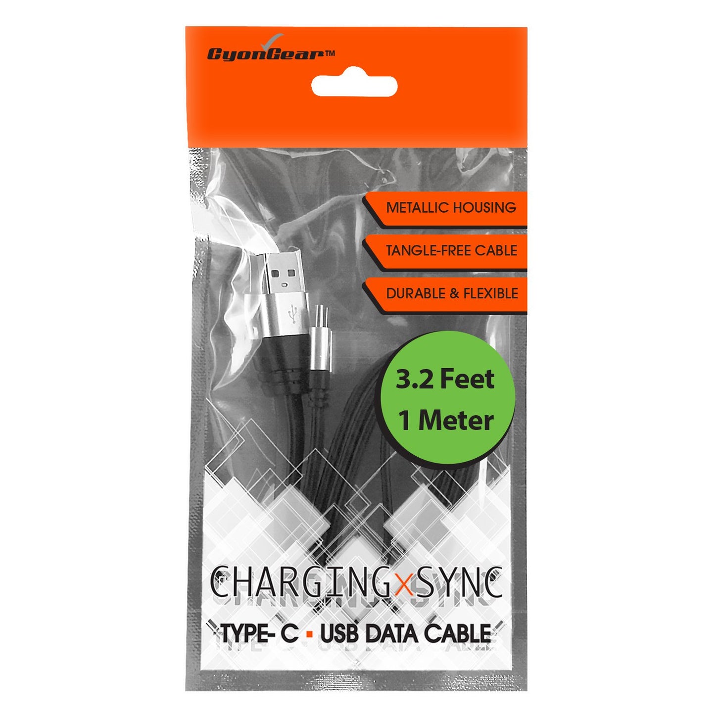 DCA33BK - USB-A to USB-C Cable, CyonGear Tangle-Free Standard 3.2ft (1m) USB-A to USB-C Charging Sync Cable for Google Pixel XL, LG G5, Nexus 5x/6P, LG V20, Motorola Moto Z/Z Force, HTC 10 and more