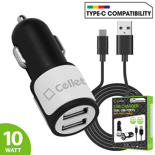 PUSB10W- Dual USB Car Charger, Cellet 10W Dual USB Car Charger (USB-C Cable Included) - White