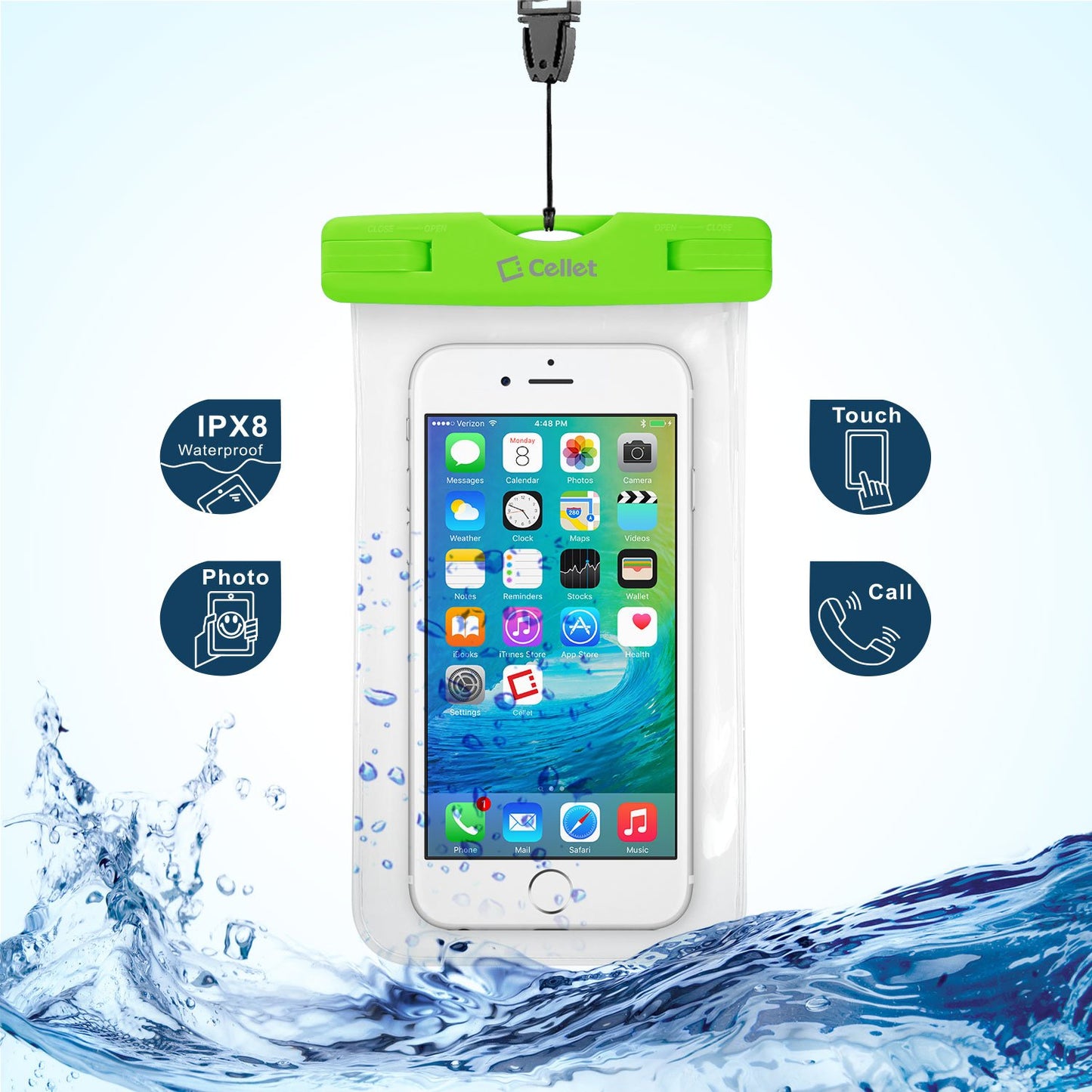 WATER1GR - Cellet Universal IPX8 Waterproof Case for Apple iPhone 7 Plus, Digital Cameras, MP3 Players and More - Green