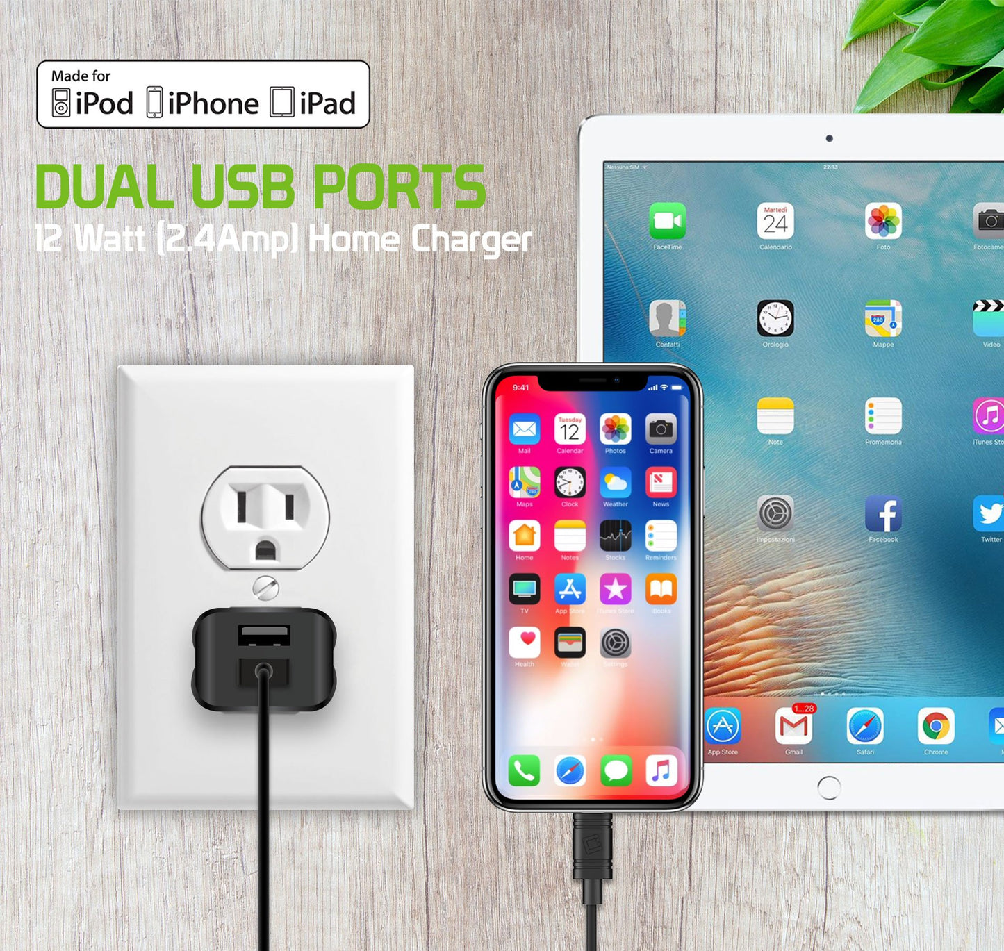 Home Charger for iPhone, iPad, iPod 13 Pro Max mini 12 11 XS X XR SE 2-USB Port include (Apple MFI Certified) Lighting Cable UL Certified