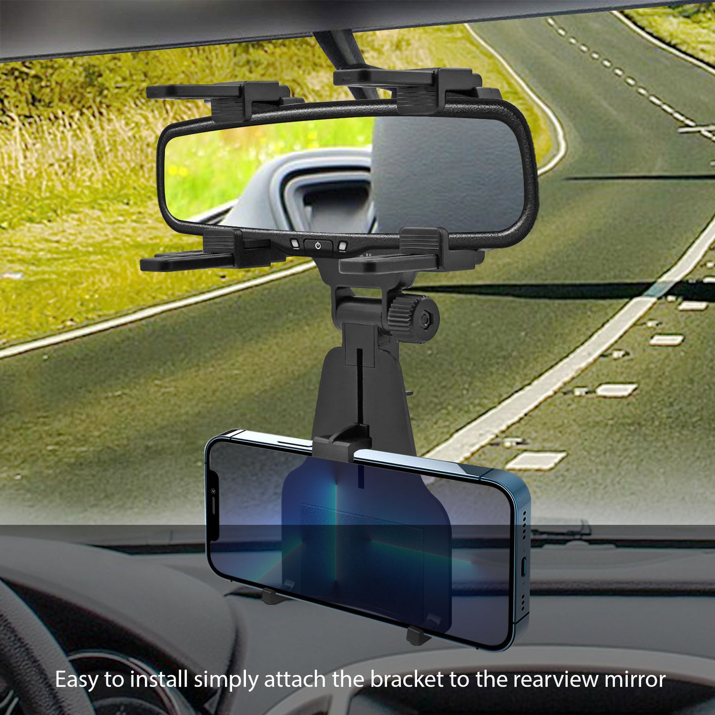 Universal Car Rear-view Mirror Mount with 360 Degree Rotating Cradle and Adjustable Brackets Compatible to Apple iPhone 13 Pro Max and more