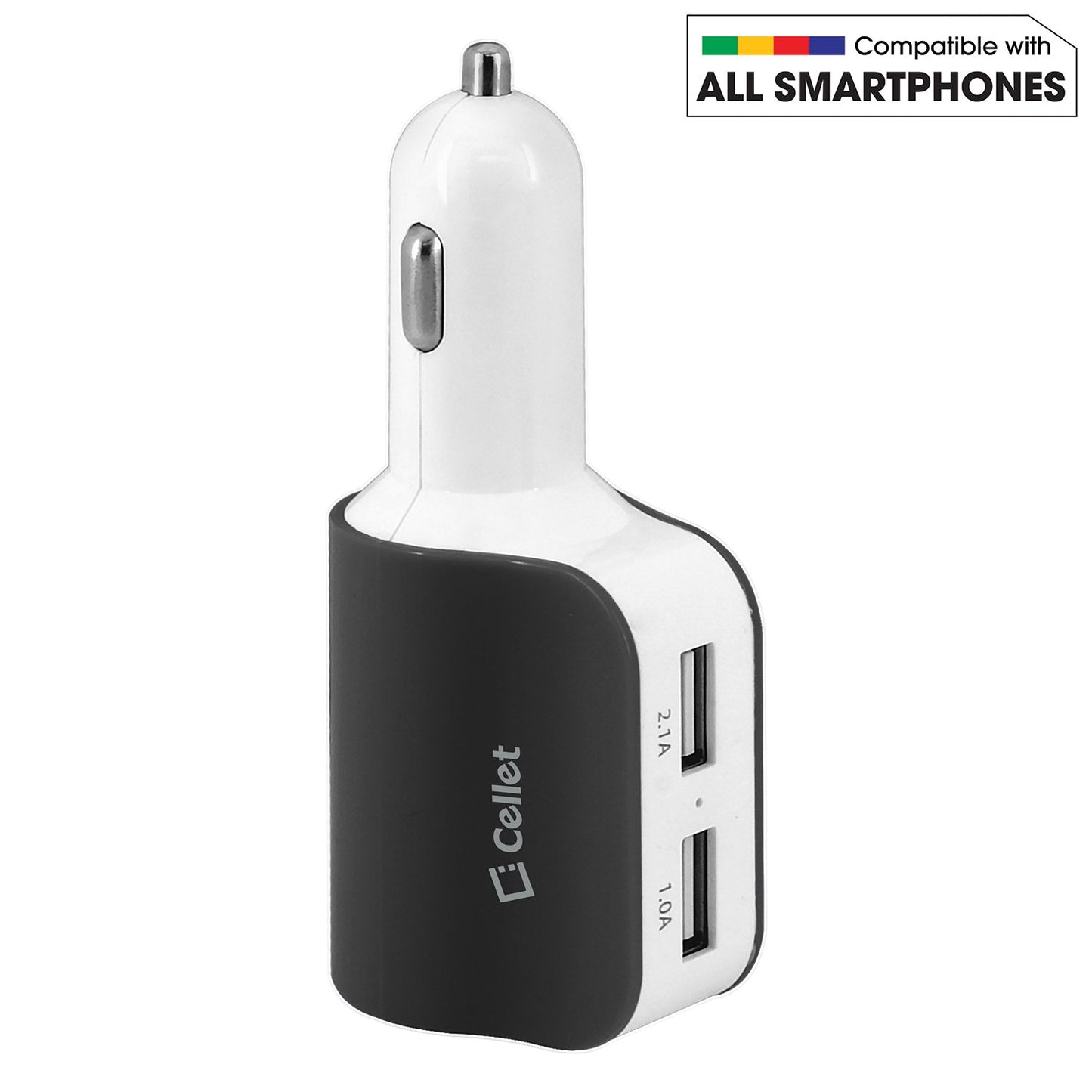 PUSBDC2BK - Cellet Universal High Power 15 Watt / 3.1 Amp Dual USB Car Charger - Black/White