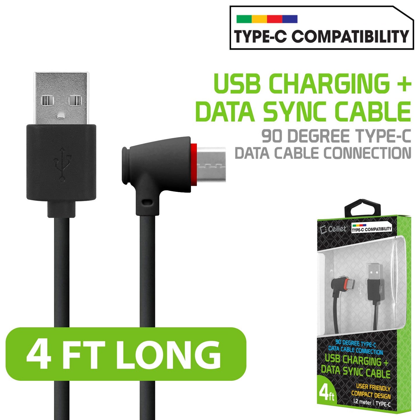 DCA904BK - USB C to USB-A Cable with 90 Degree Connector 4 Feet Charging & Data Sync Cable