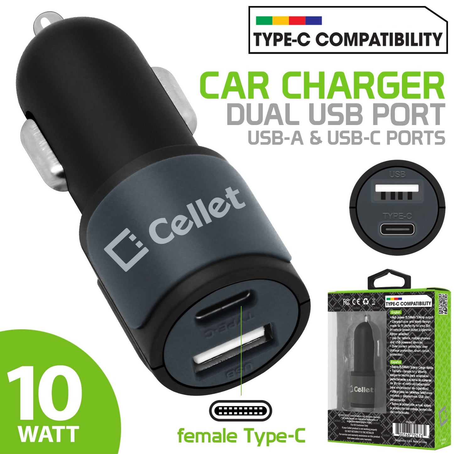 PUSBC21- Cellet Universal High Power 10W / 2.1A Dual USB A & USB C Port Car Charger