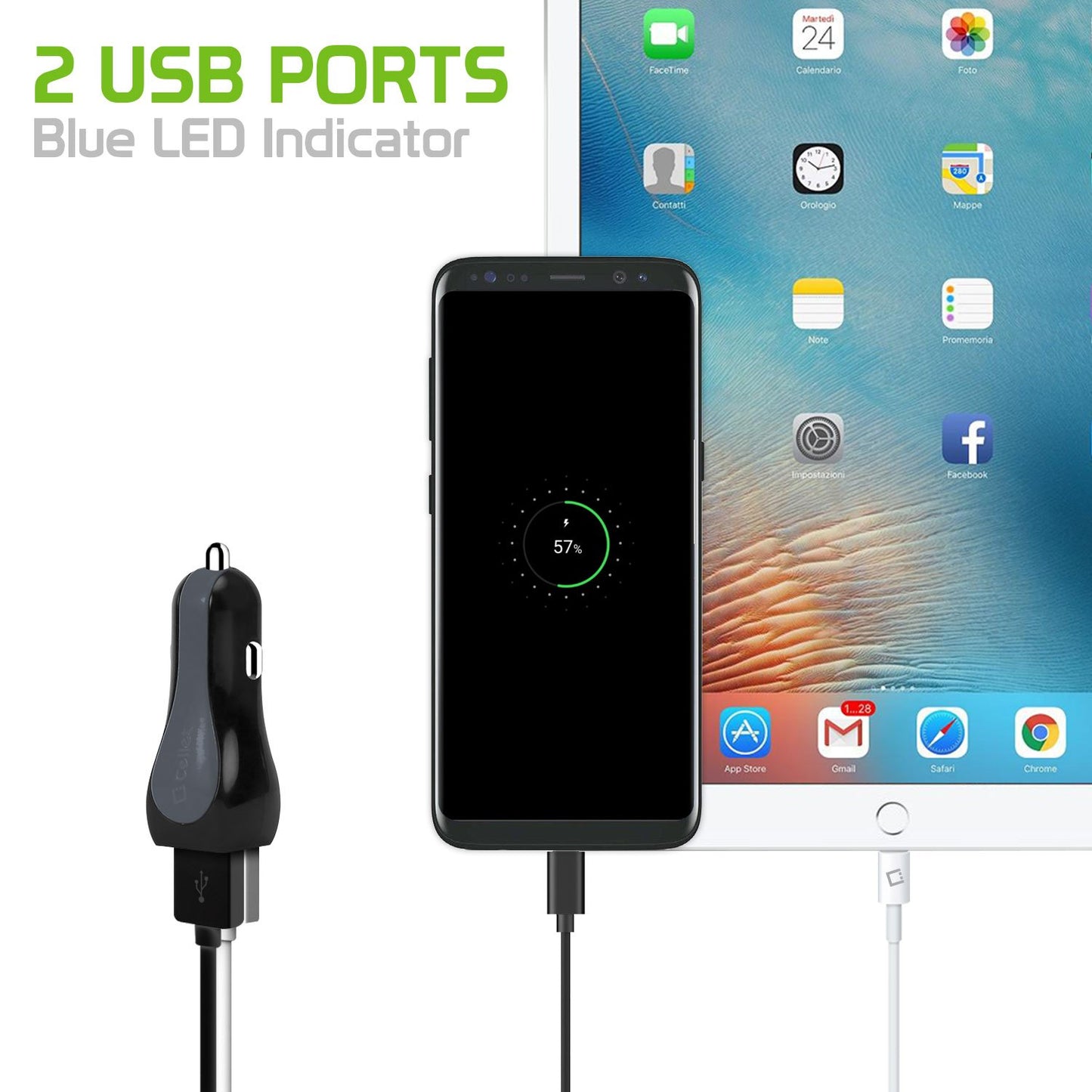 PUSBC3E - Cellet High Powered 3 Amp / 15W  DUAL USB Type-C Car Charger Adapter for Samsung Galaxy S8, Samsung Galaxy S8 Plus,  OnePlus 5, Google Pixel