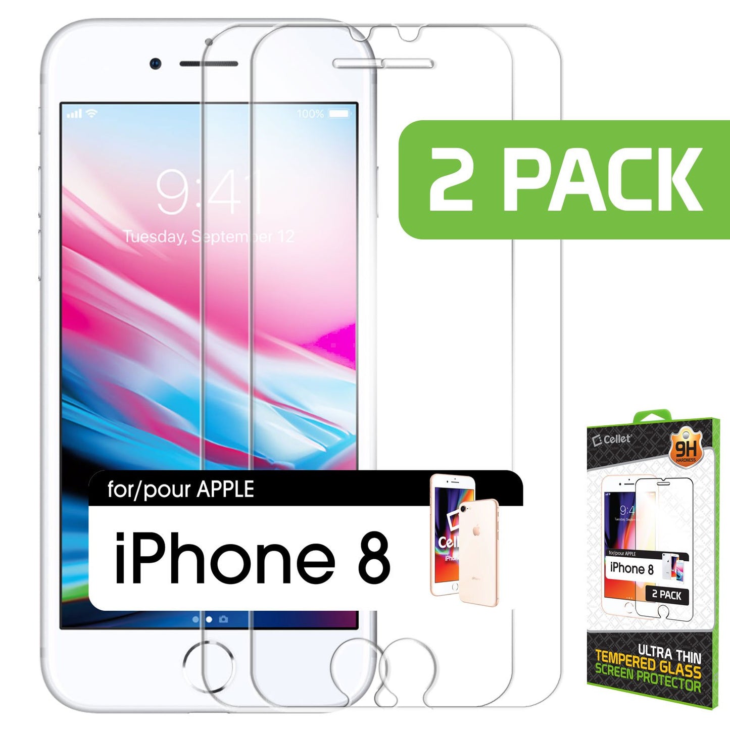 SGIPH82 - Cellet Premium Tempered Glass Screen Protector for Apple iPhone 8 – 2 Pack (0.3mm)