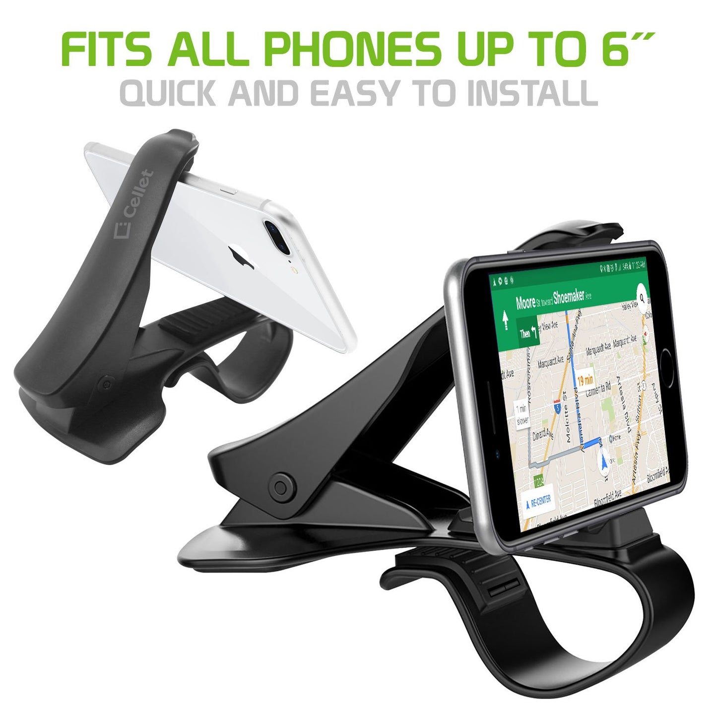 PHD270 - Dashboard Phone Holder, Clip Mount for Apple iPhone X, 8, 8 Plus, Samsung Galaxy Note 8, Samsung Galaxy S8, S8 Plus and More – by Cellet