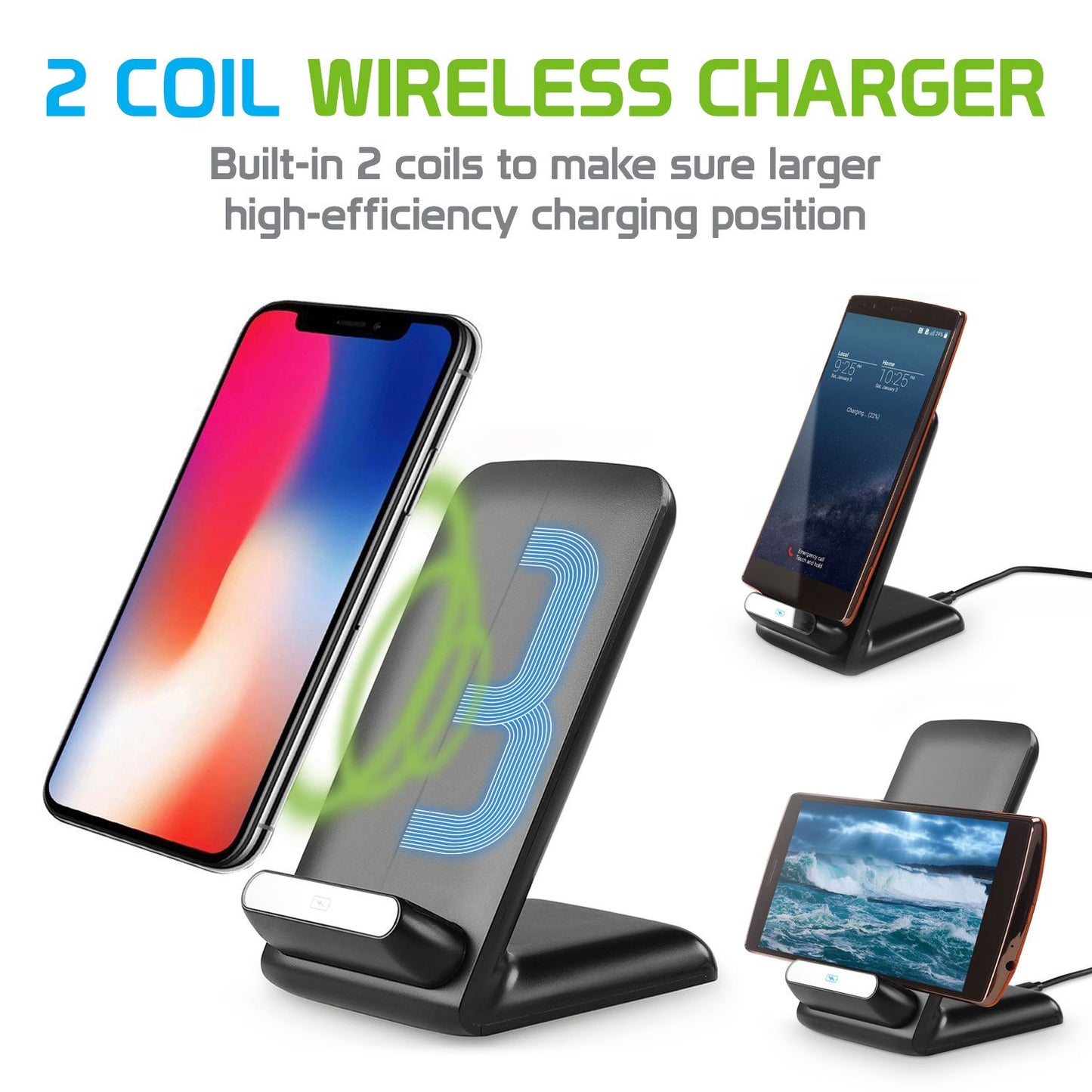 QI700 - 2 Coil Qi Wireless Charger (10Watt/2.1Amp), Wireless Charging Stand for All Wireless (Qi) Enabled Devices – by Cellet - Black