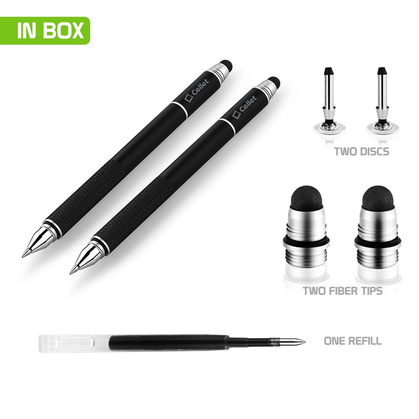 PENDISCBK - 3 in 1 Stylus Pen (Ballpoint Pen, Precision Clear Disc Pen, Capacitive Stylus Pen), 2 Stylus Pens with Replacement Tips - Black