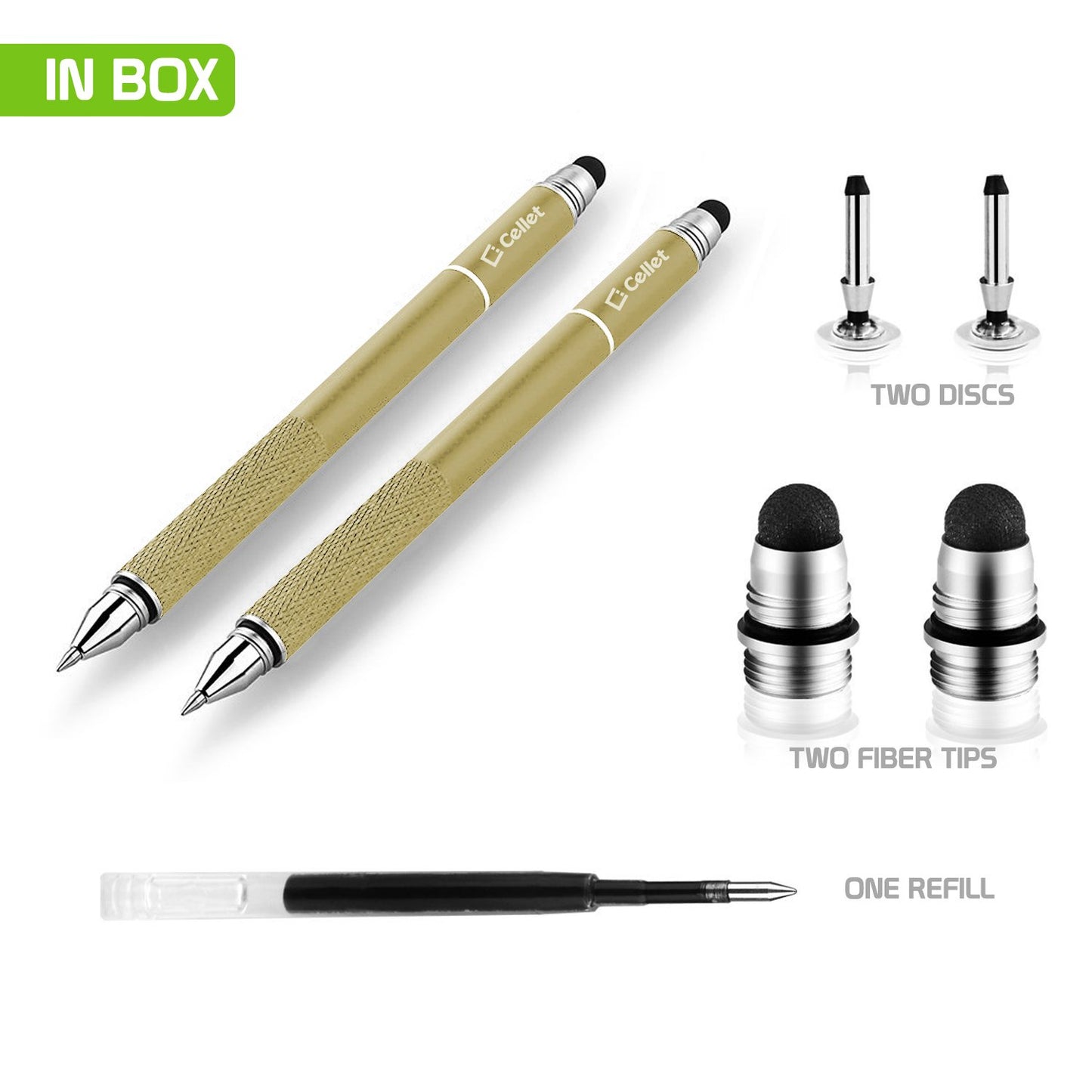 PENDISCGD - 3 in 1 Stylus Pen (Ballpoint Pen, Precision Clear Disc Pen, Capacitive Stylus Pen), 2 Stylus Pens with Replacement Tips - Gold