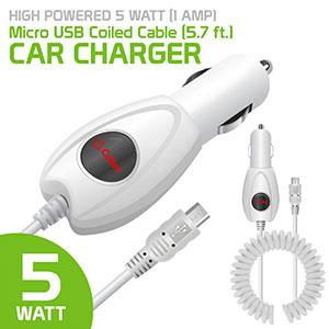 PMICRO1WT - High Powered 5 Watt (1 Amp) Micro USB Coiled Cable (5.7 ft.) Car Charger by Cellet - White